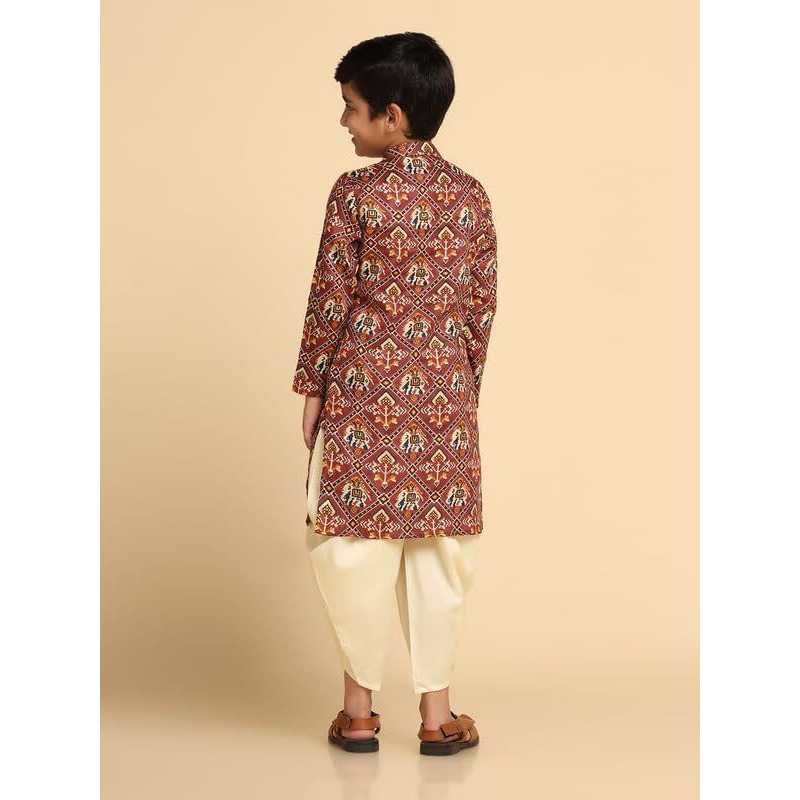Kisah Boy's Kurta, Onion Pink Cotton Blend, Patola Print Long Sleeves Regular Fit Mandarin Collar (7-8 Years)