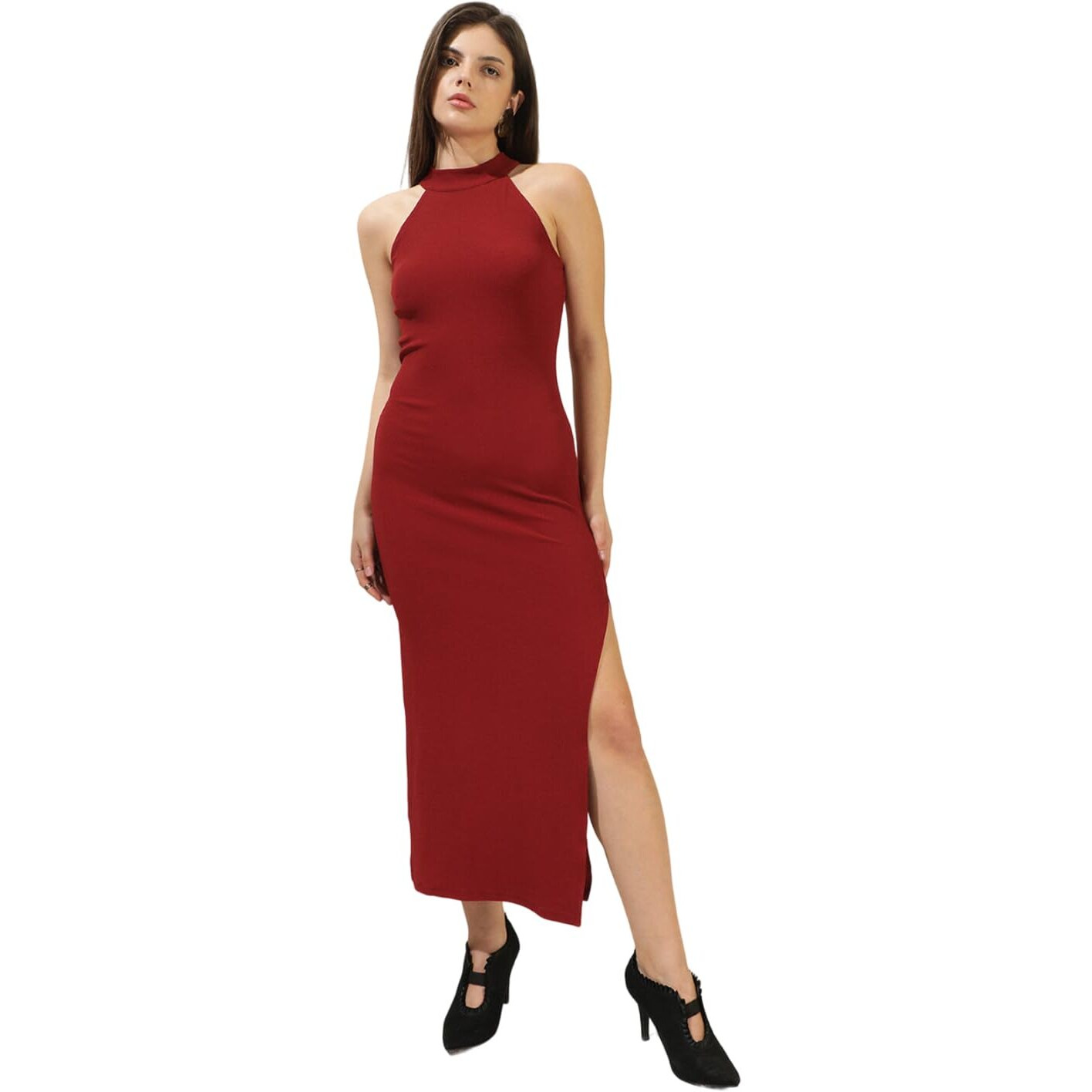 Kotty Women's Halter Neck Bodycon Straight Maxi Dress(Maroon,Xl)