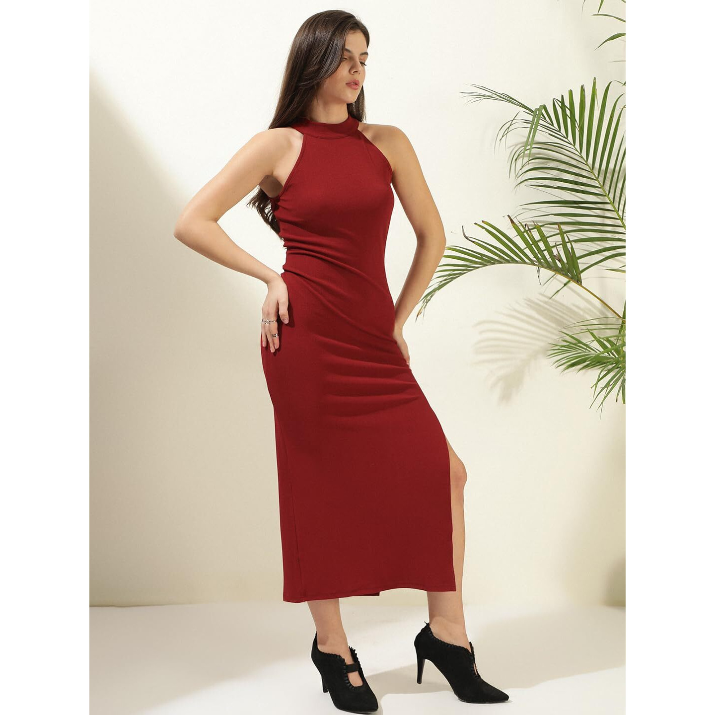 Kotty Women's Halter Neck Bodycon Straight Maxi Dress(Maroon,Xl)