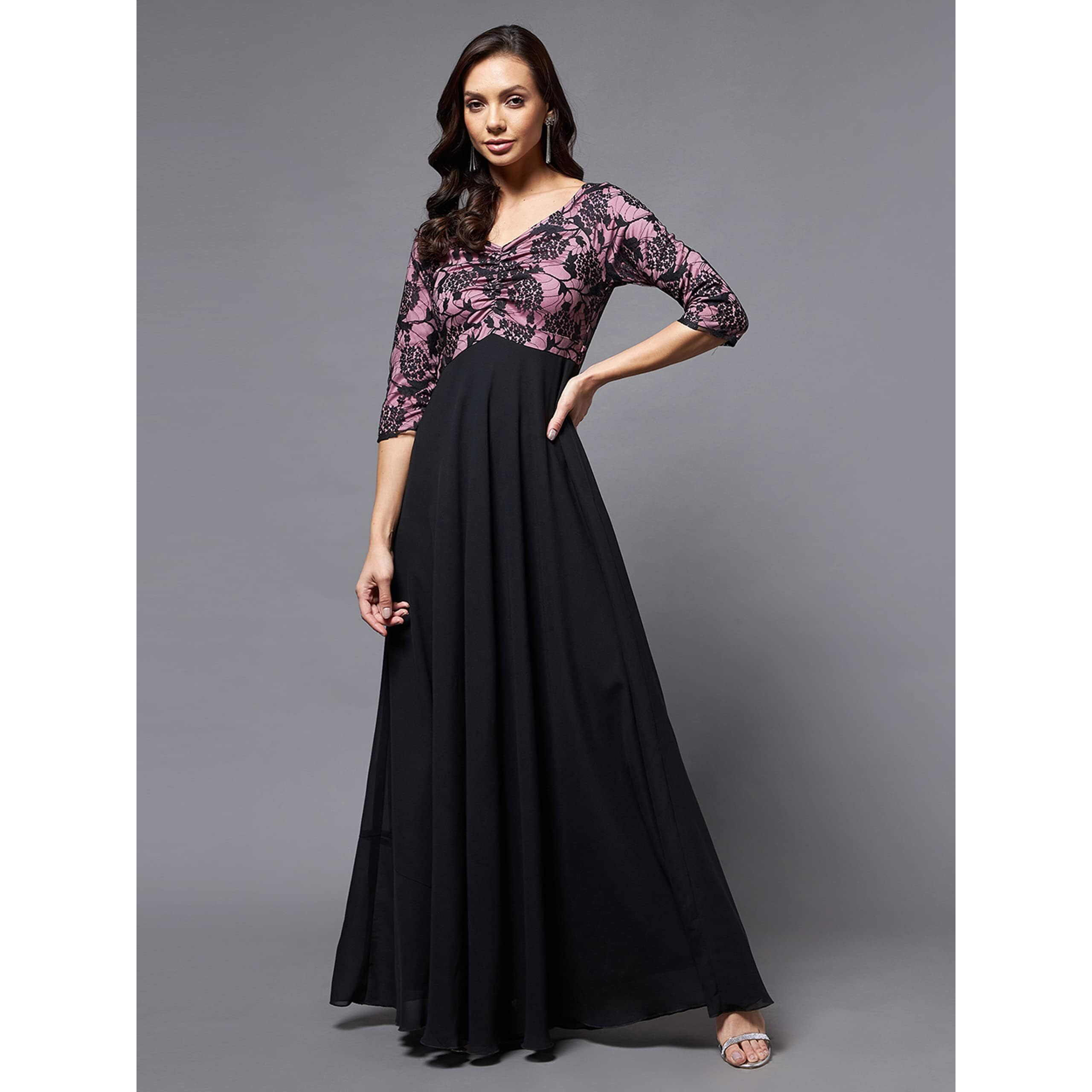 Miss Chase Women's Sweet Heart Neck 3/4Th Sleeve Self Design Fit & Flare Maxi Dress (Mcss23D79-06-245-03, Black And Lavender, S)