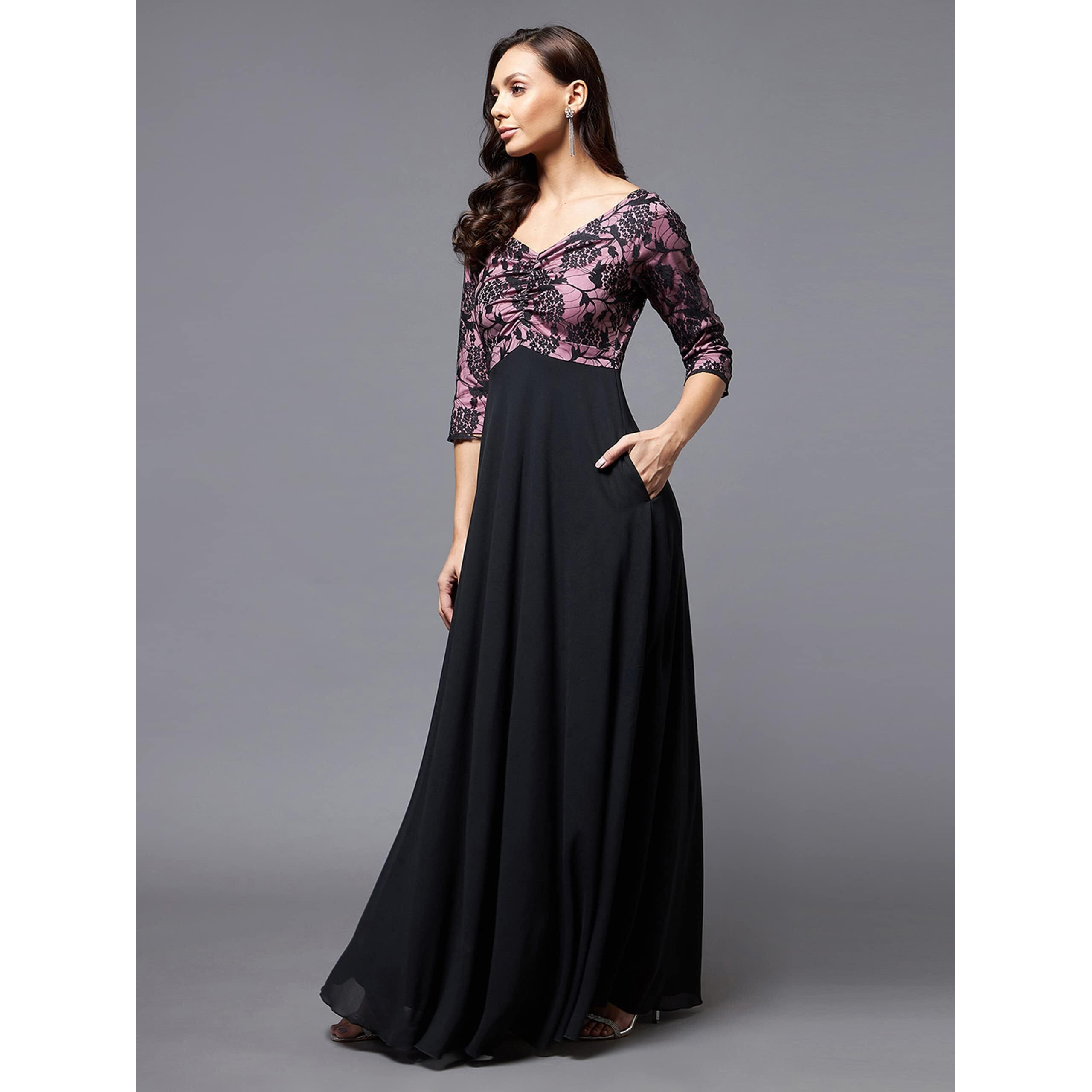 Miss Chase Women's Sweet Heart Neck 3/4Th Sleeve Self Design Fit & Flare Maxi Dress (Mcss23D79-06-245-03, Black And Lavender, S)