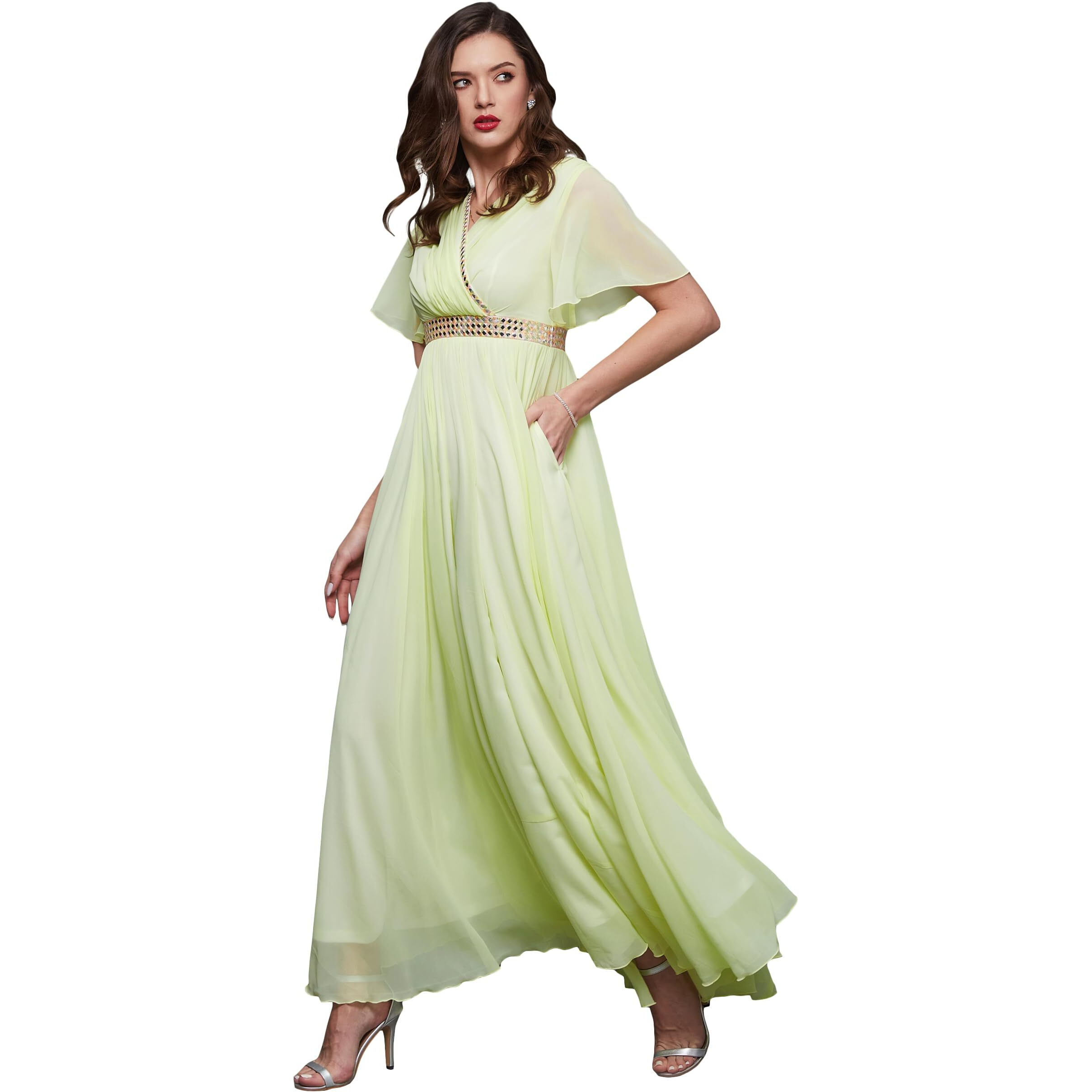 Miss Chase Women's V-Neck Flared/Bell Sleeves Solid Georgette Fit & Flare With Pockets Maxi Dress (Mcss23D06-61-299-04, Lemon Yellow, M)