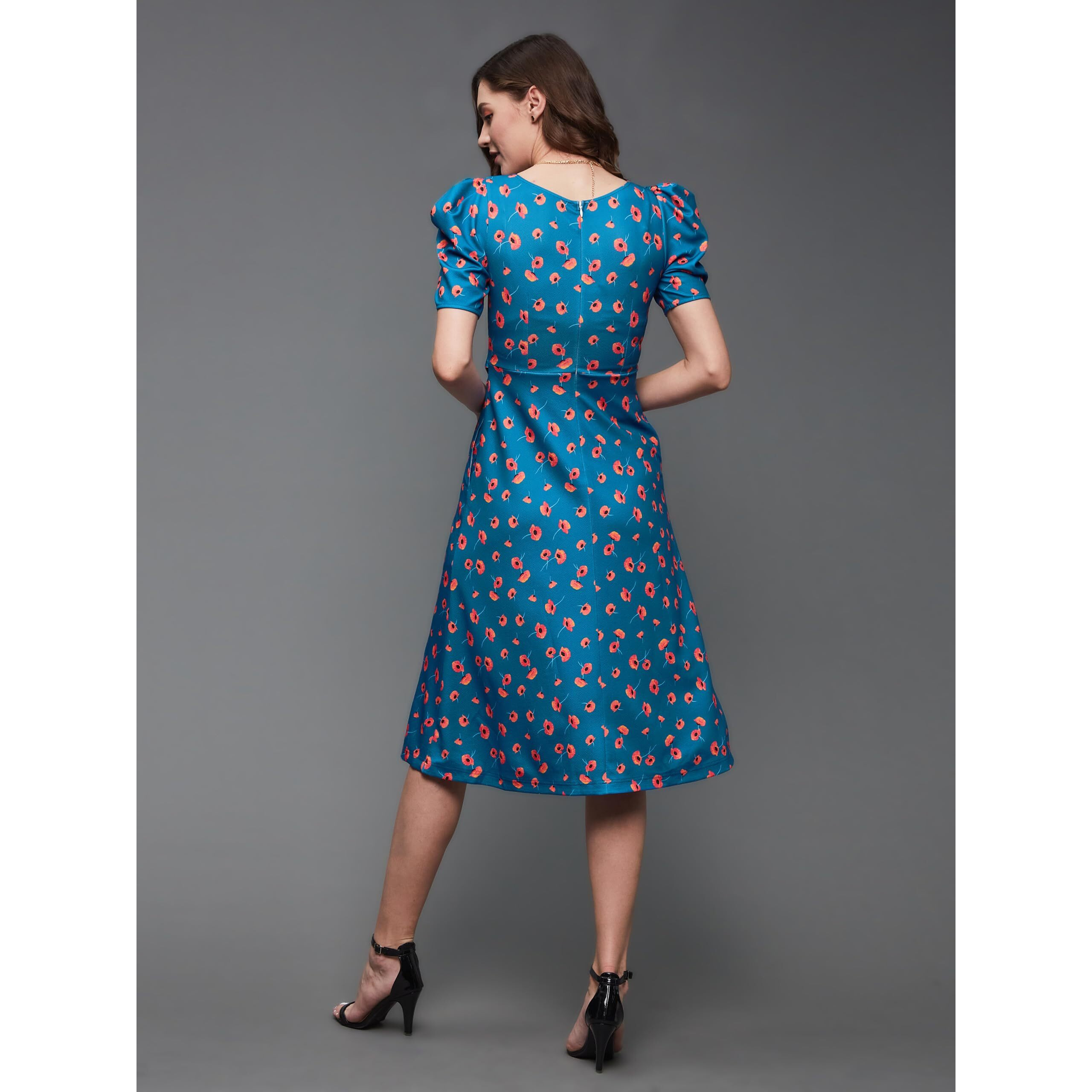 Miss Chase Women's V-Neck Pleated Puff Sleeve Floral Patterned Wrap With Pockets Midi Polyester Dress(Mcss23D98-53-163-04, Blue, M)