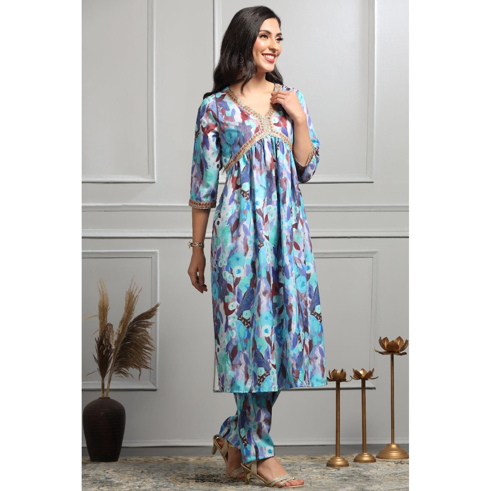 Om Sai Latest Creation Alia Cut Kurta Set For Women Alia Cut Anarkali Kurta With Pant Set For Women | Embroidery Kurta Set For Women. (Xx-Large, Blue)