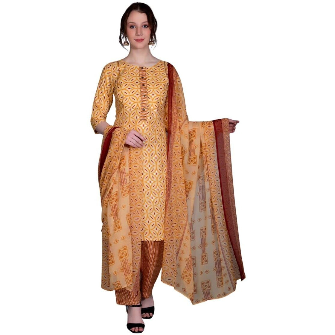 Om Sai Latest Creation Kurta Set For Women|| Cotton Fully Stitched Straight Geometric Style Ethnic Motif Printed Kurta With Printed Pant || Kurta Set For Women With Dupatta. (Large, Yellow)