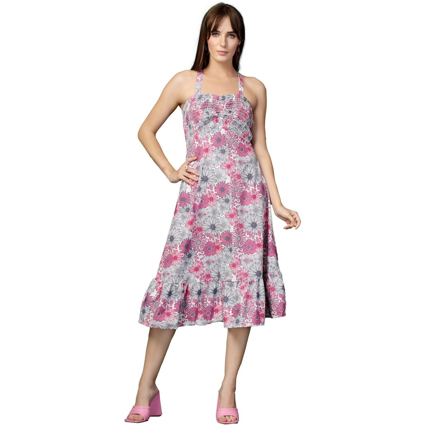 Oomph Women's Western & Fusion Wear Printed Crepe Dress For Women, Smocked Bodice, Pink - Md1058