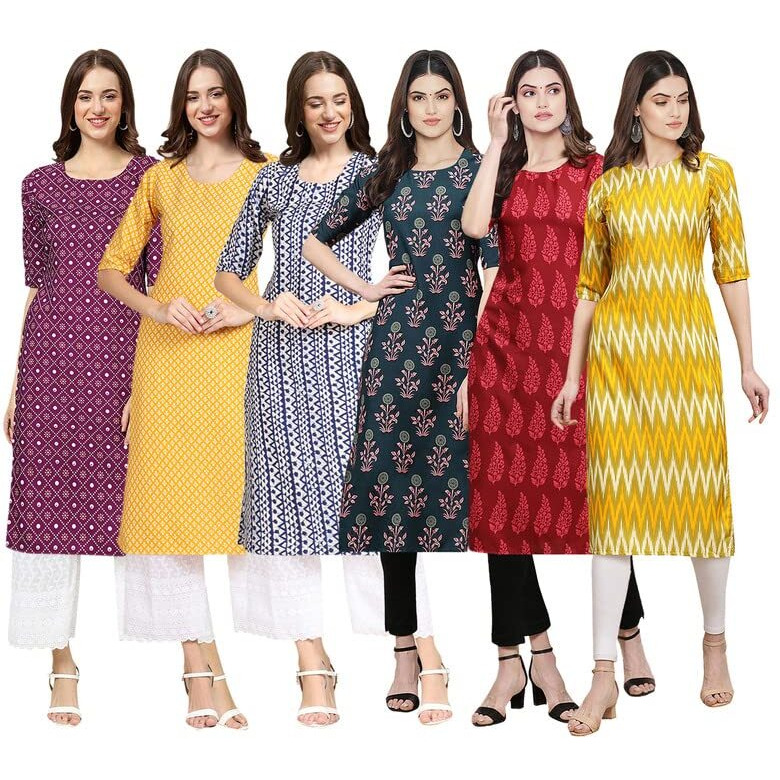 Pinkmint Women's Crepe Digital Print Straight Kurta [Pack Of 6](Qv-355-350-348-335-337-329-Xl)