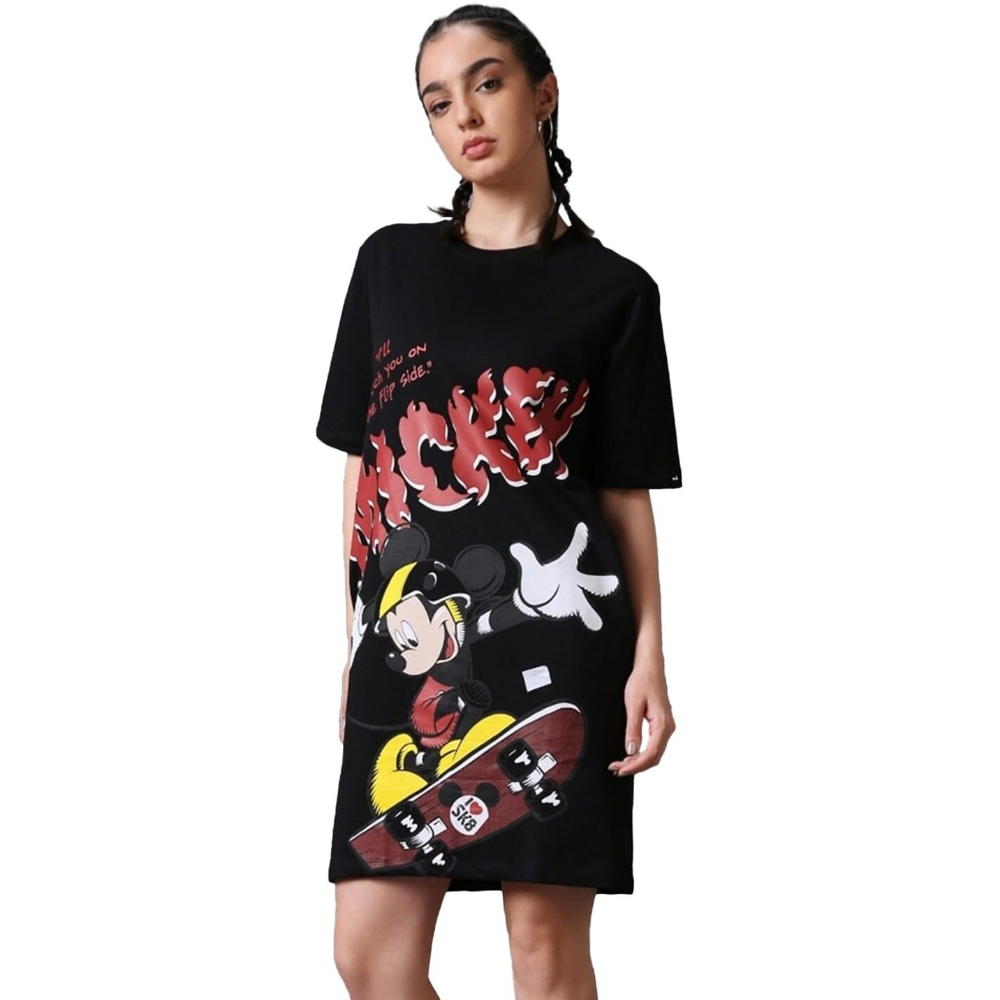 Bewakoof Heavy Duty 1.0 Official Disney Merchandise Women's Graphic Printed Oversized Dress_589799_Black_Xs