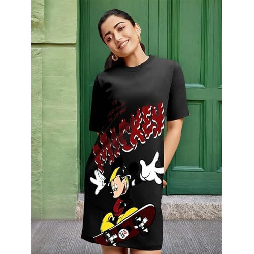Bewakoof Heavy Duty 1.0 Official Disney Merchandise Women's Graphic Printed Oversized Dress_589799_Black_Xs