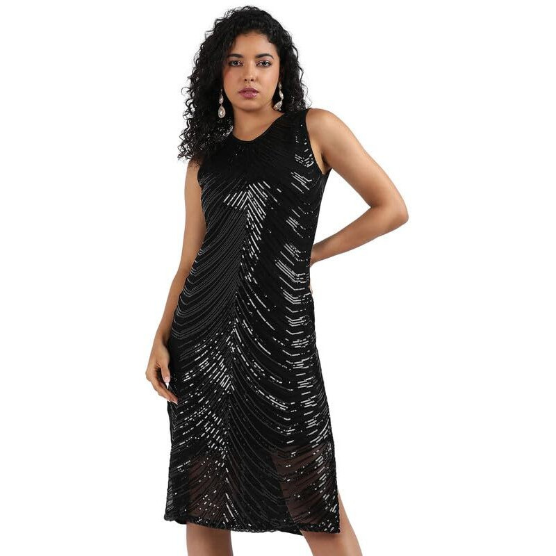 Campus Sutra Women's Black Self-Design Dress With Sequin Detail For Casual Wear | Sleeveless | Polyester Knee Length Dress Crafted With Comfort Fit And High Performance For Everyday Wear (M)