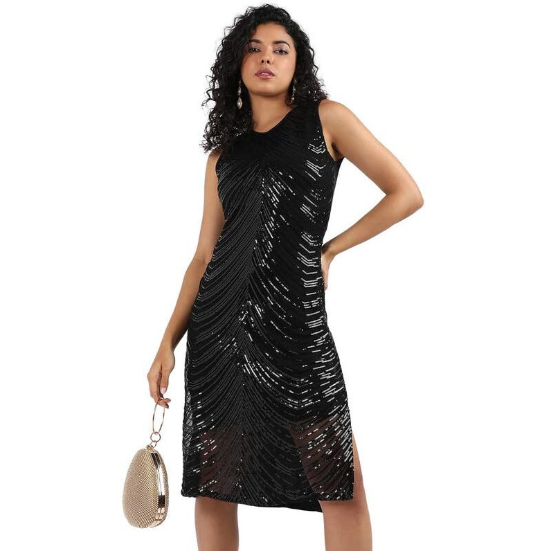 Campus Sutra Women's Black Self-Design Dress With Sequin Detail For Casual Wear | Sleeveless | Polyester Knee Length Dress Crafted With Comfort Fit And High Performance For Everyday Wear (M)