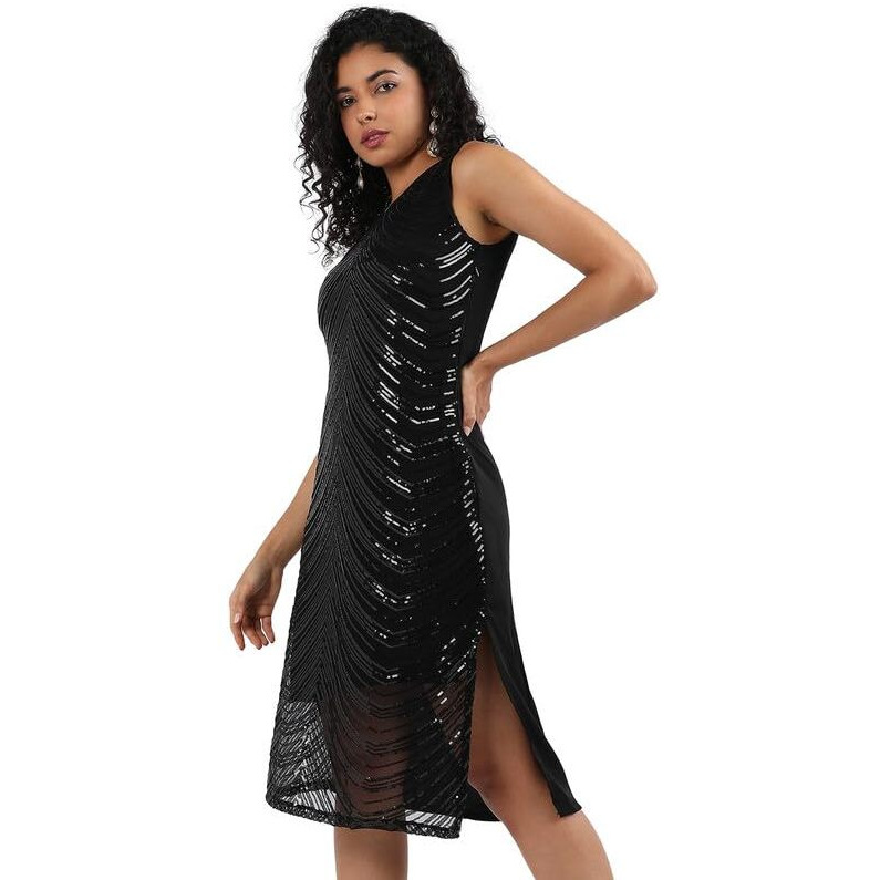 Campus Sutra Women's Black Self-Design Dress With Sequin Detail For Casual Wear | Sleeveless | Polyester Knee Length Dress Crafted With Comfort Fit And High Performance For Everyday Wear (M)