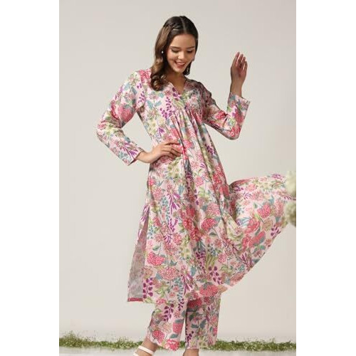 Dhruvi Trendz Women Cotton Blend Fancy Kurta Set Regular Fit Printed (Dt-K2730&P152_Pink_3Xl)