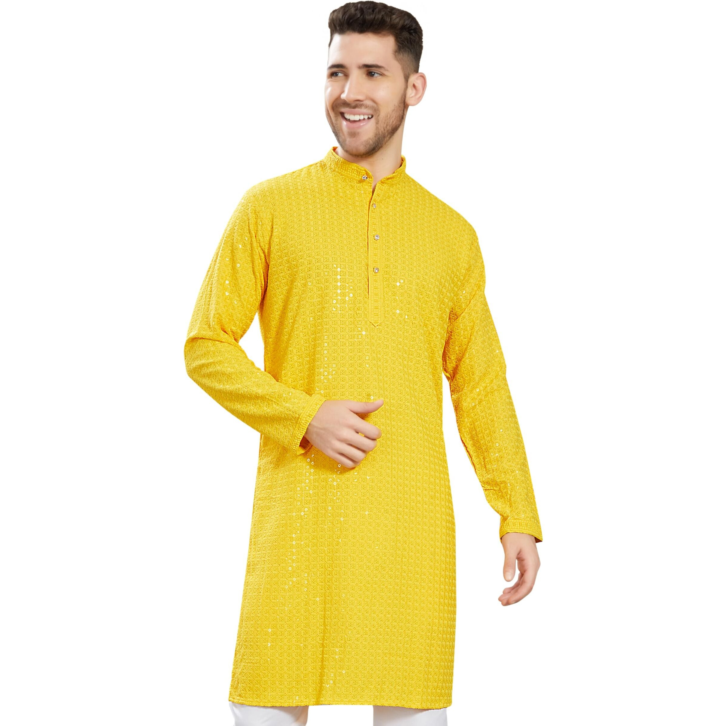 Divisive Men's Sequince Embroidered Cotton Blend Only Slim Fit Kurta (Dkrt741_S_Yellow)