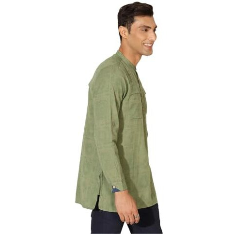 Fabindia Men Cotton Light Green Printed Chinese Collar Slim Fit Kurta