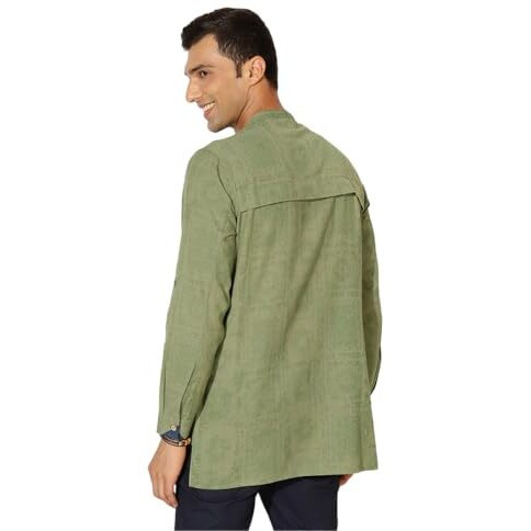 Fabindia Men Cotton Light Green Printed Chinese Collar Slim Fit Kurta