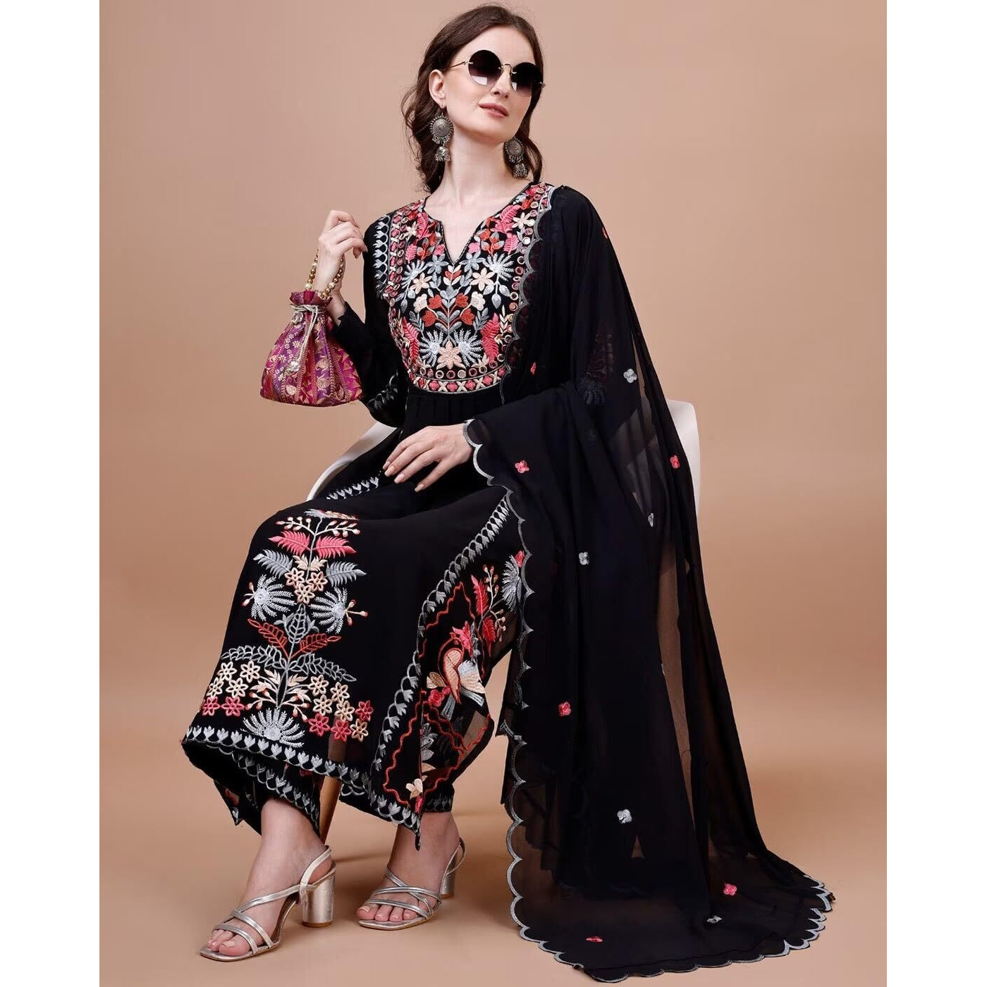 Fashion Basket Women's Faux Georgette Embroidered Straight Kurta With Dupatta Black