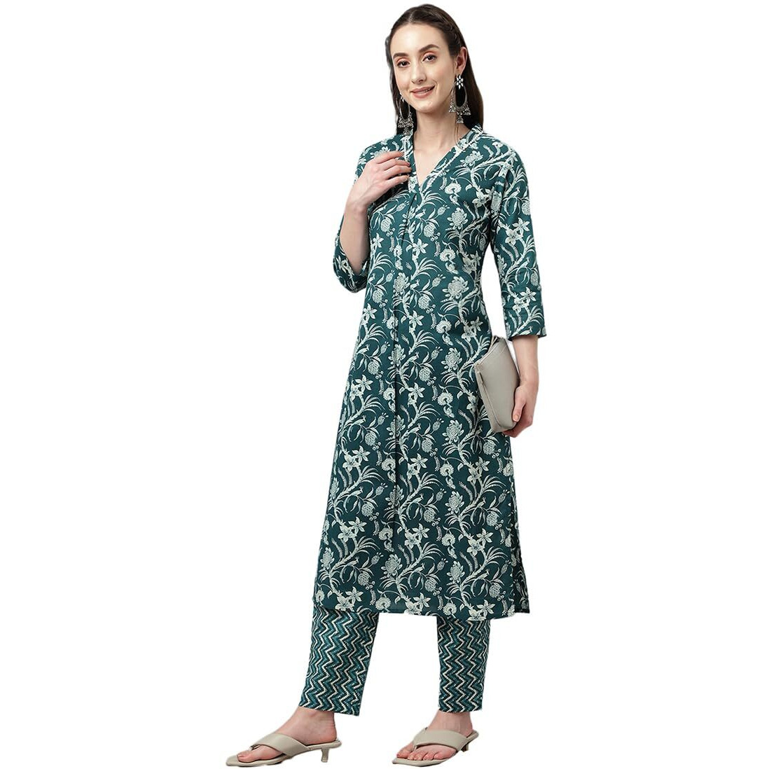 Fiorra Women's Teal Blue Cotton A-Line Kurta With Pant Set0075