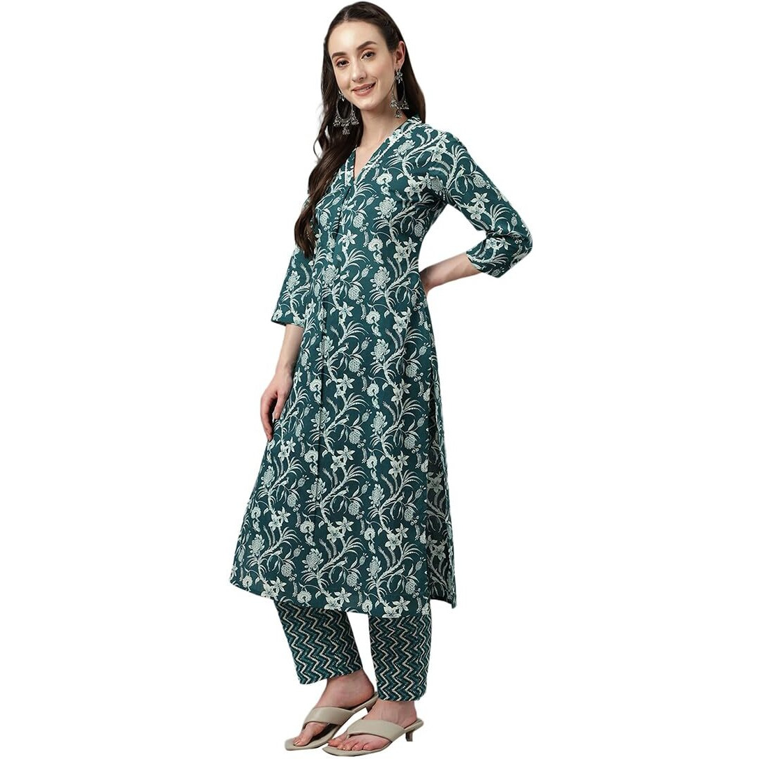 Fiorra Women's Teal Blue Cotton A-Line Kurta With Pant Set0075