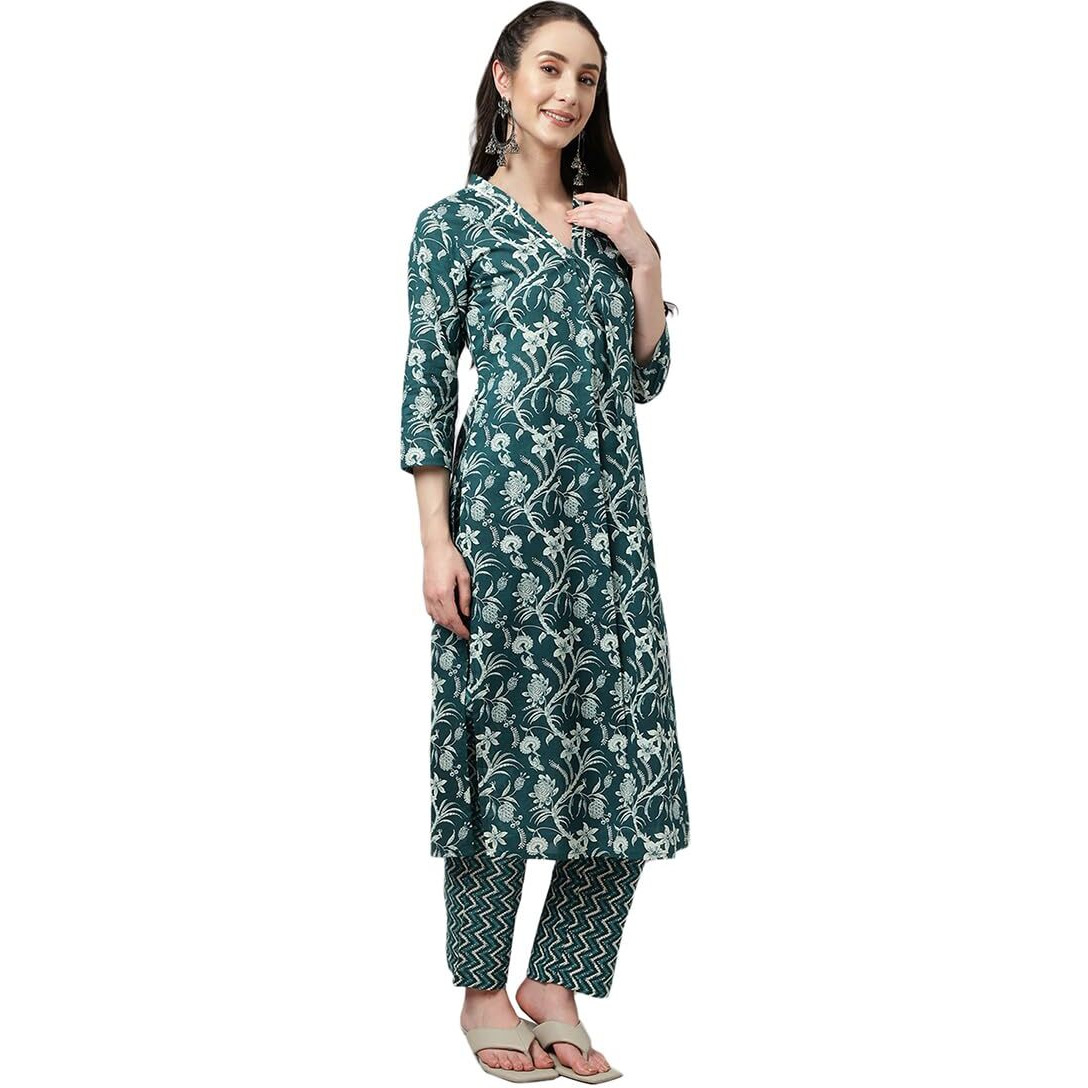 Fiorra Women's Teal Blue Cotton A-Line Kurta With Pant Set0075