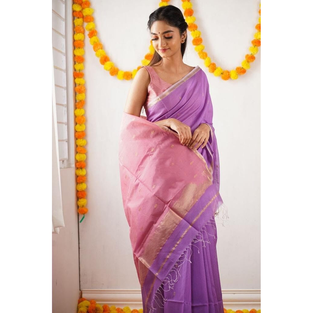 Flosive Women's Cotton Woven Soft Silk Saree With Blouse Piece Multicolor (Lavender L)