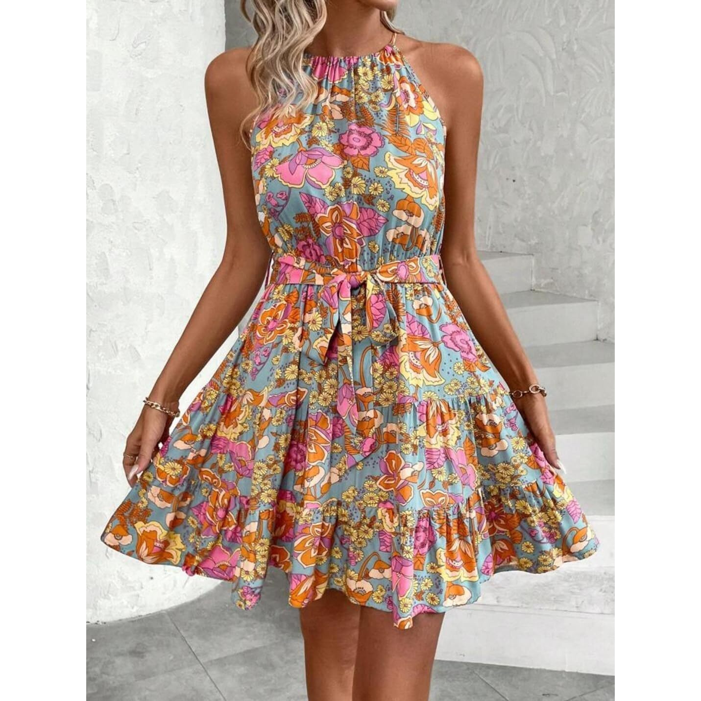 Gufrina Women Western Dress In Floral Print Halter Neck Multicolor - Elegant Sleeveless Summer Dress With Adjustable Waist Tie And Tiered Hemline (Sky Blue S)