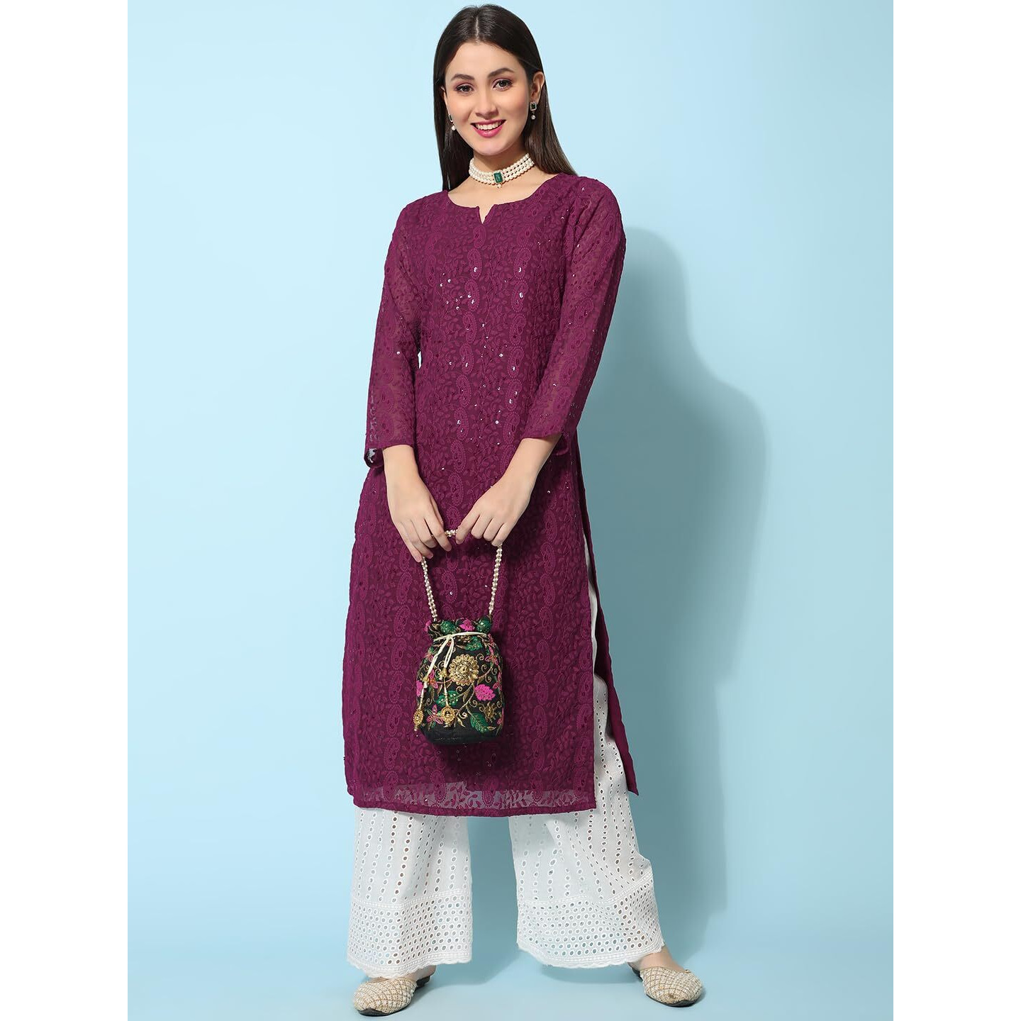 Gufrina Women's Georgette Straight Kurta Palazzo With Notch Neck 3/4Th Sleeves Solid Pattern Chikankari Work Calf Length And Regular Fit