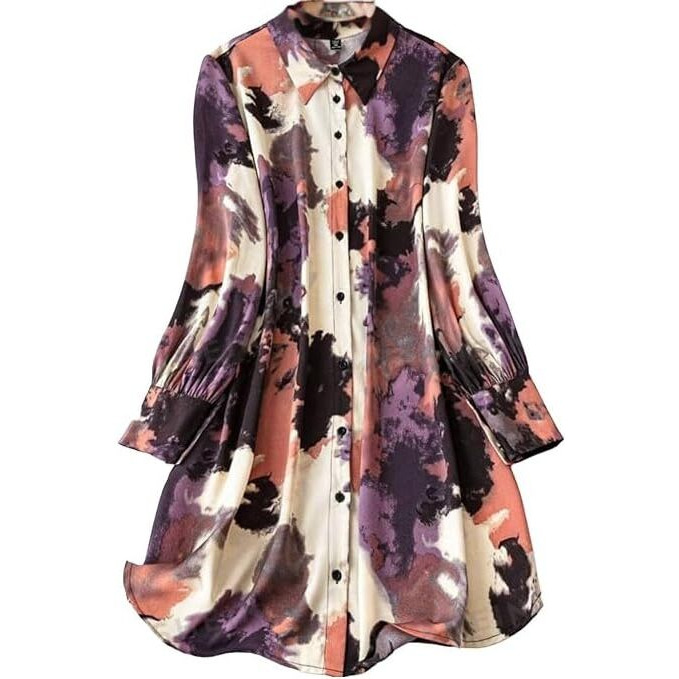 Gufrina Women's Rayon Dress With Long Puff Sleeves Mandarin Collared Neck Tie Die Printed A-Line Style Regular Fit And Knee Length Brown