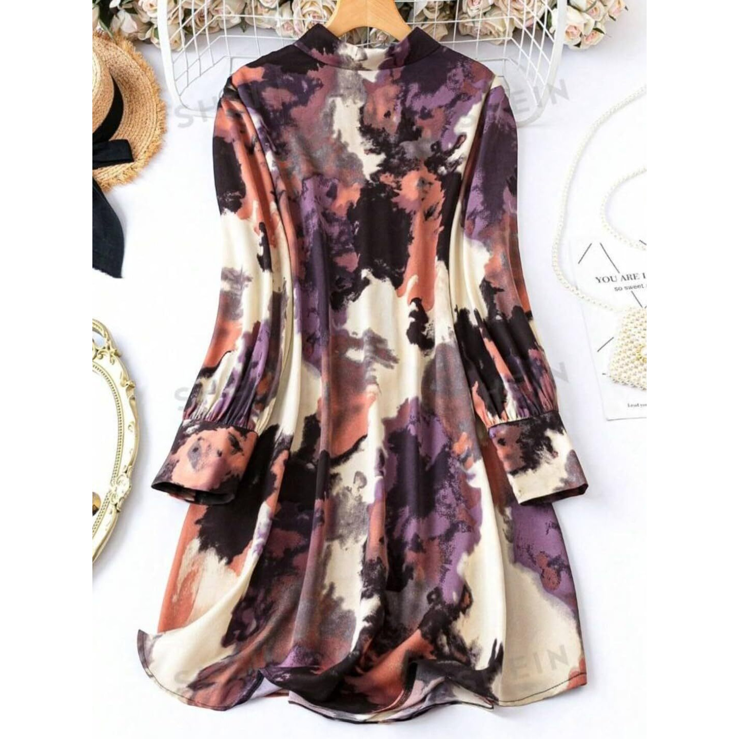 Gufrina Women's Rayon Dress With Long Puff Sleeves Mandarin Collared Neck Tie Die Printed A-Line Style Regular Fit And Knee Length Brown