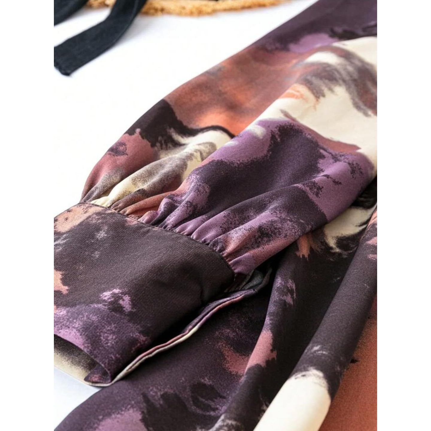 Gufrina Women's Rayon Dress With Long Puff Sleeves Mandarin Collared Neck Tie Die Printed A-Line Style Regular Fit And Knee Length Brown