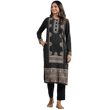Ishin Women's Charcoal Jacquard Style Geometric Pattern Straight Winterwear Kurta