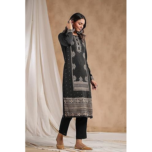 Ishin Women's Charcoal Jacquard Style Geometric Pattern Straight Winterwear Kurta