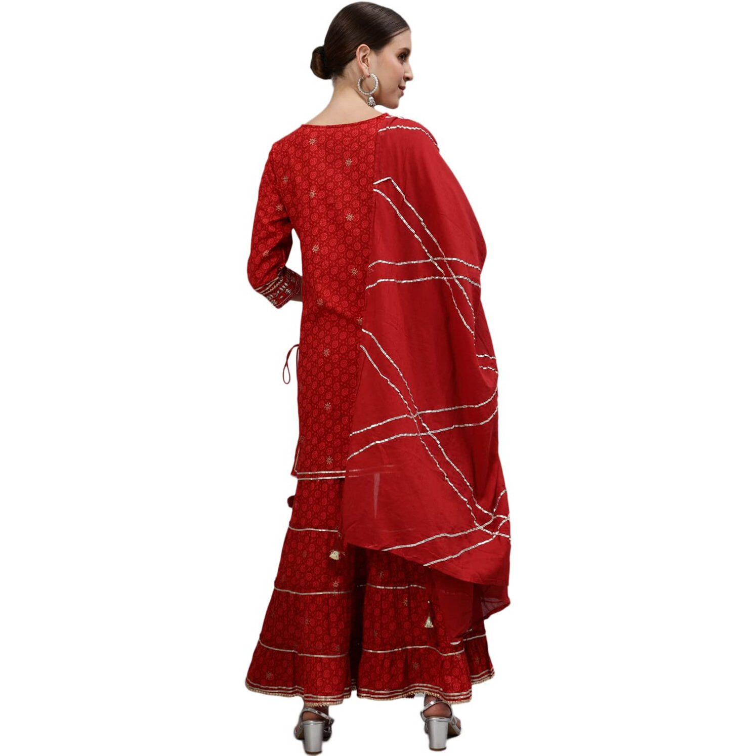 Ishin Women's Cotton Blend Maroon Embroidered A-Line Kurta, Sharara & Dupatta