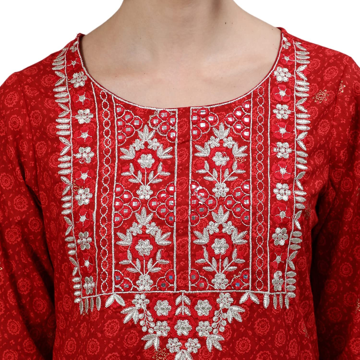 Ishin Women's Cotton Blend Maroon Embroidered A-Line Kurta, Sharara & Dupatta
