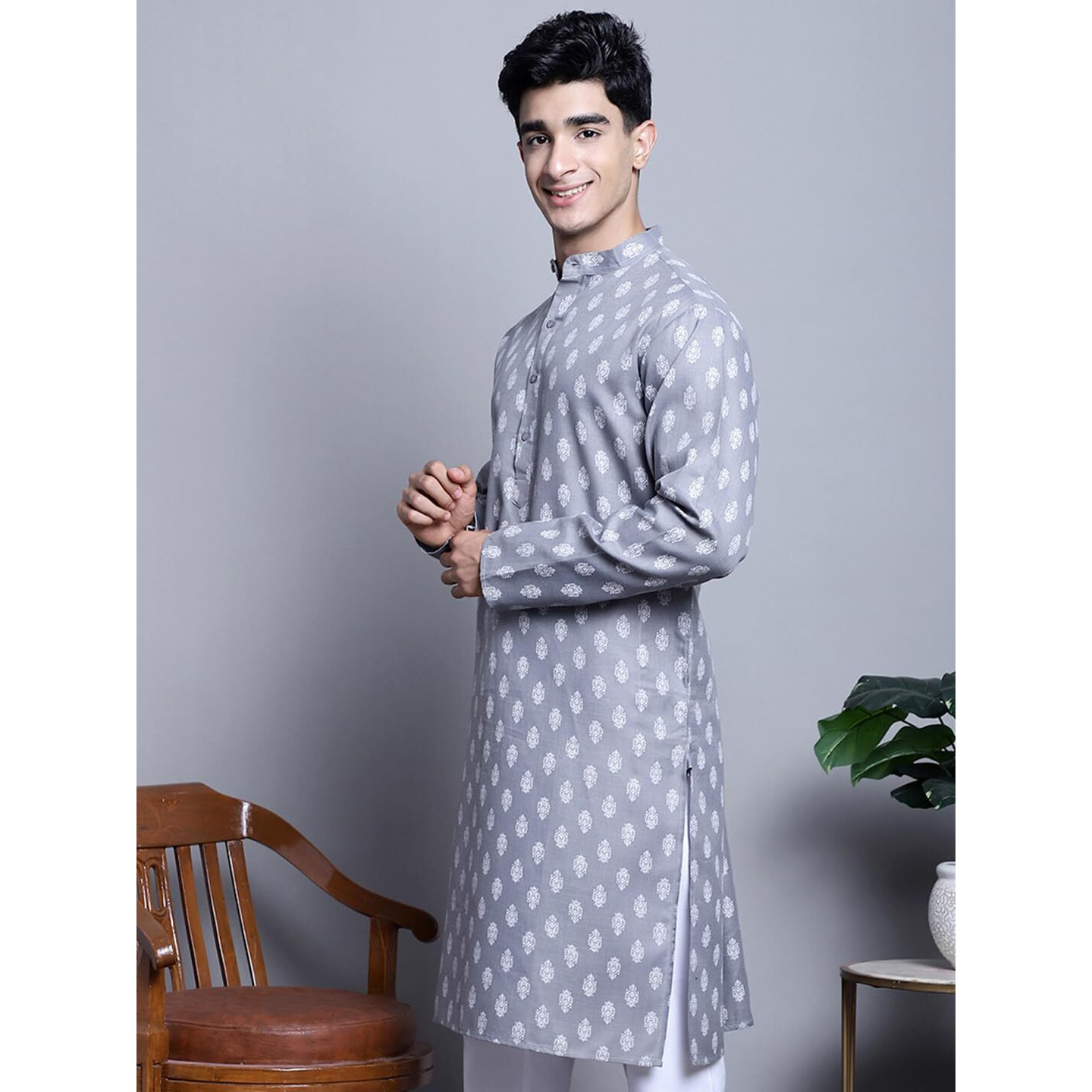 Jompers Men's Cotton Floral Printed Kurtas (Dark-Grey, Xl)