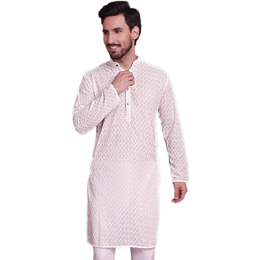 Jompers Chikankari Pure Cotton Kurtas For Men (White, L)
