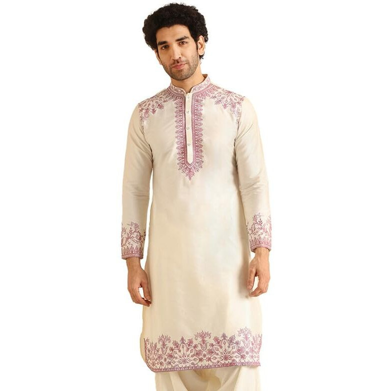 Kisah Men's Kurta, Off White Cotton Blend, Embroidered Regular Fit Mandarin Collar Long Sleeves (40)