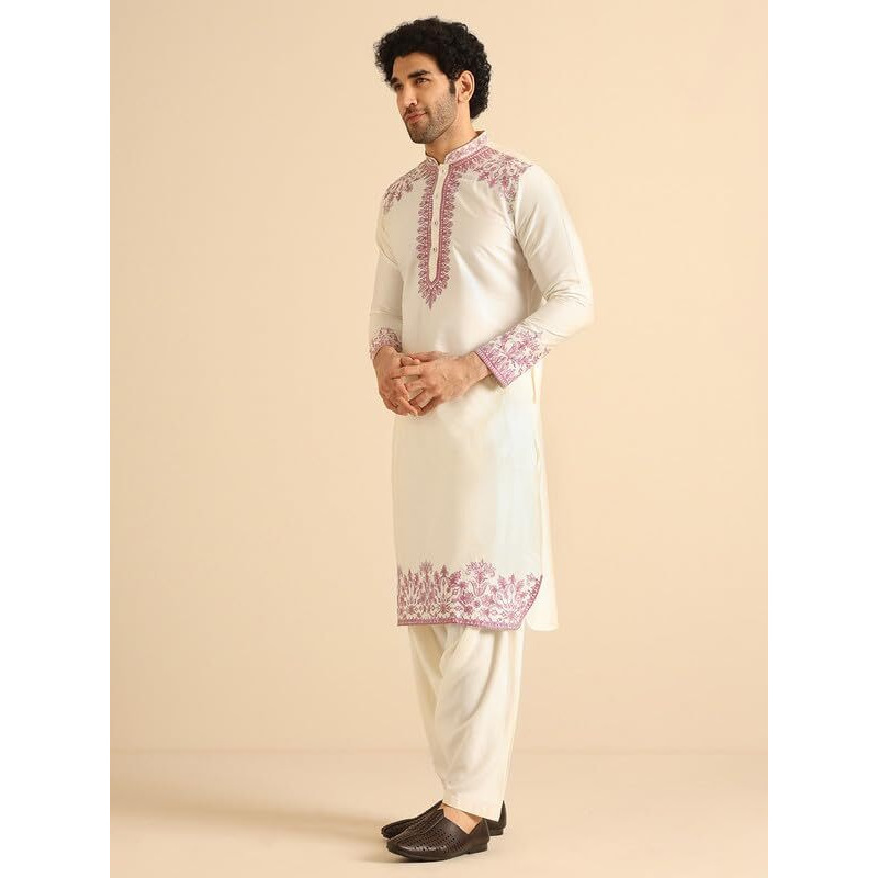 Kisah Men's Kurta, Off White Cotton Blend, Embroidered Regular Fit Mandarin Collar Long Sleeves (40)