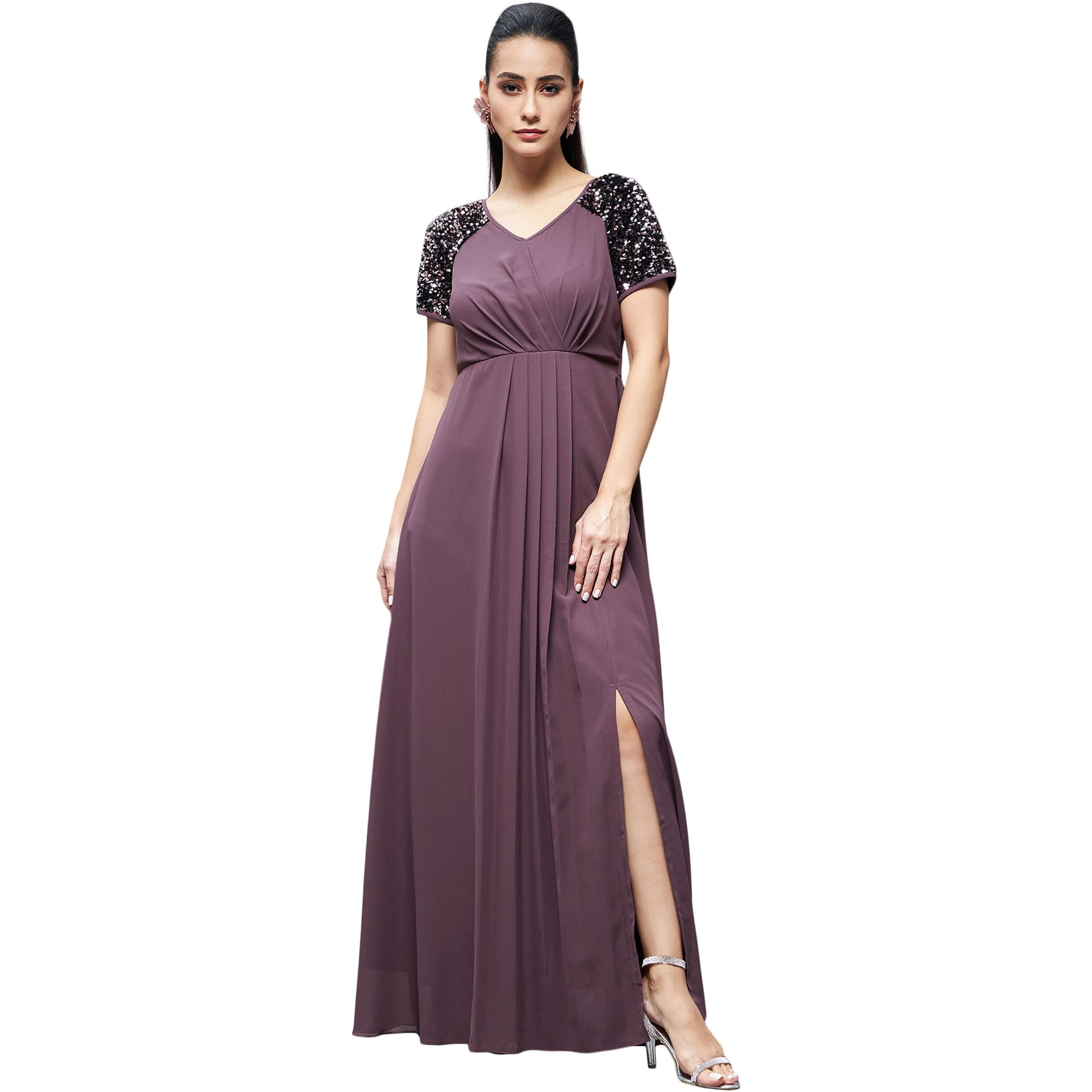 Miss Chase Women's Relaxed Fit Maxi Georgette Dress (Mcss22D16-18-271-05, Mauve, L)