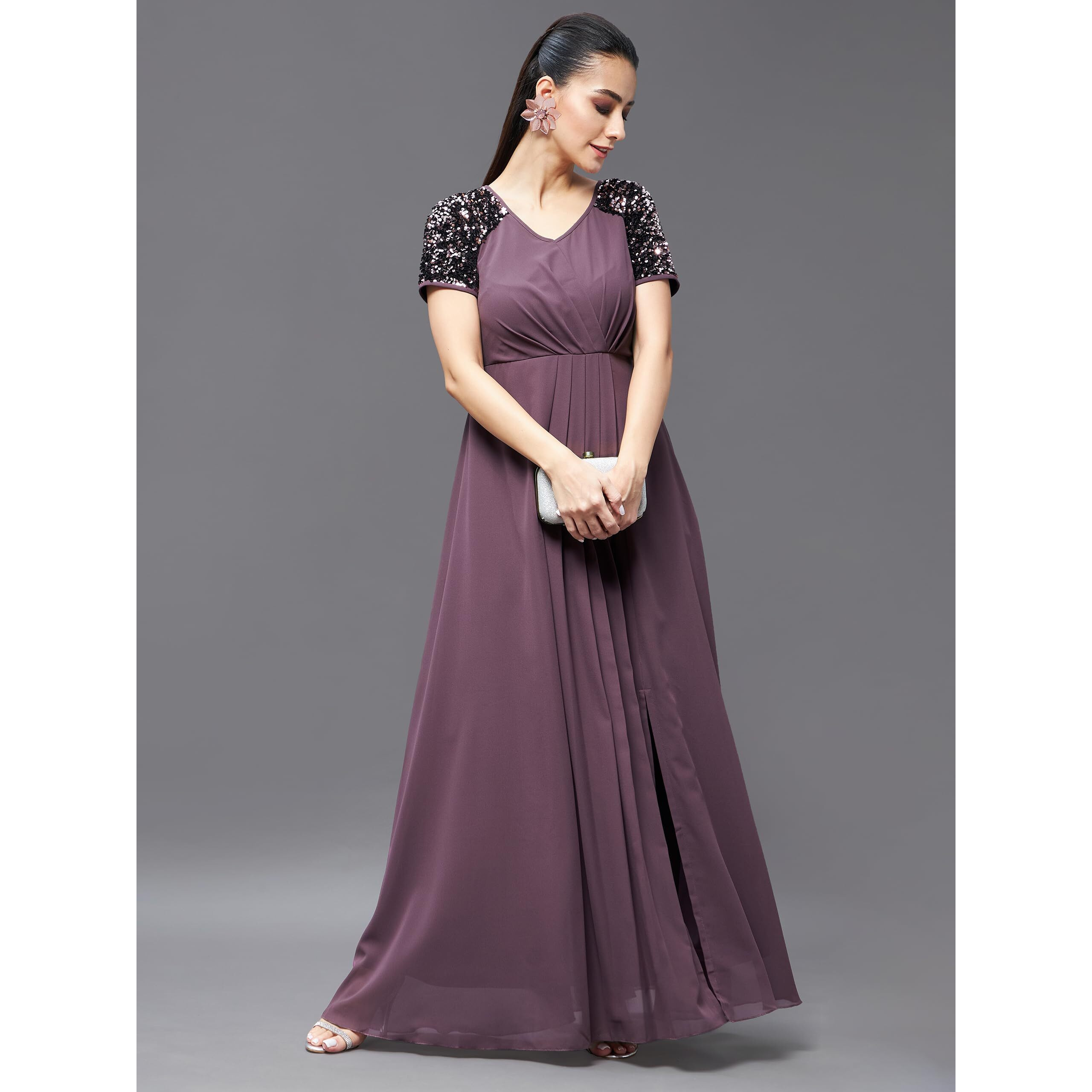 Miss Chase Women's Relaxed Fit Maxi Georgette Dress (Mcss22D16-18-271-05, Mauve, L)