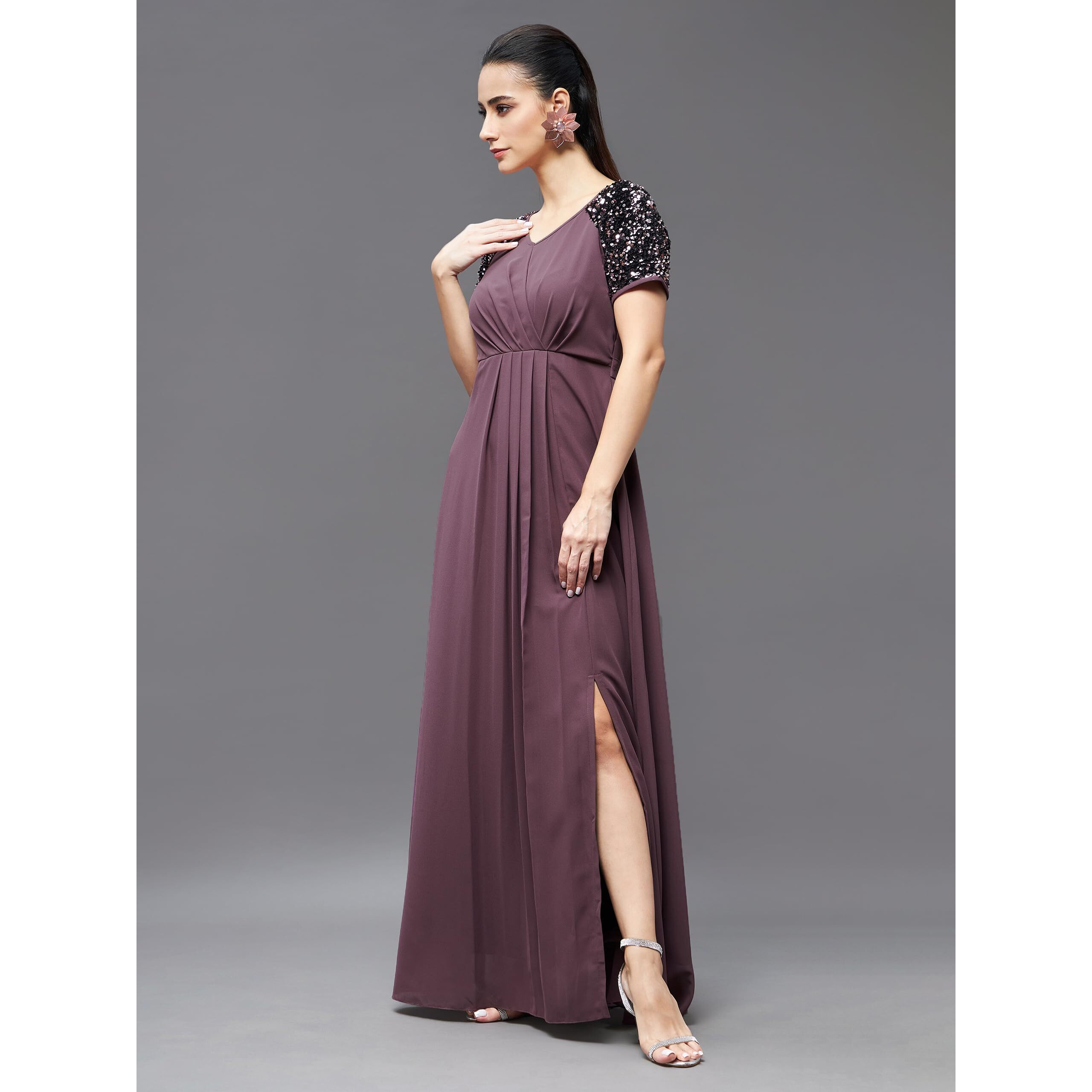 Miss Chase Women's Relaxed Fit Maxi Georgette Dress (Mcss22D16-18-271-05, Mauve, L)