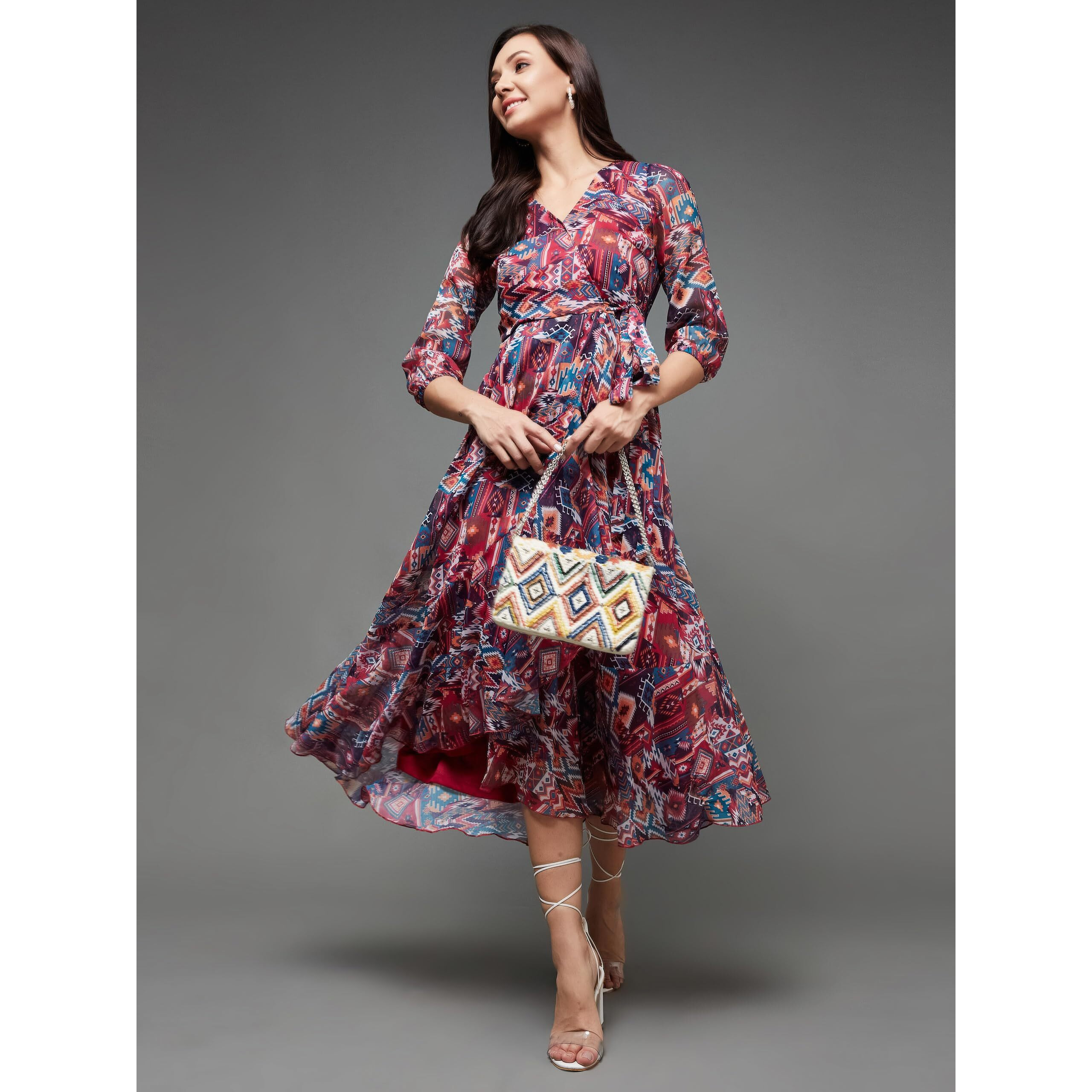 Miss Chase Women's V-Neck Three-Quarter Sleeve Geometric Patterned Wrap Midi Chiffon Dress (Mcss23D98-56-224-03, Multicoloured, S)