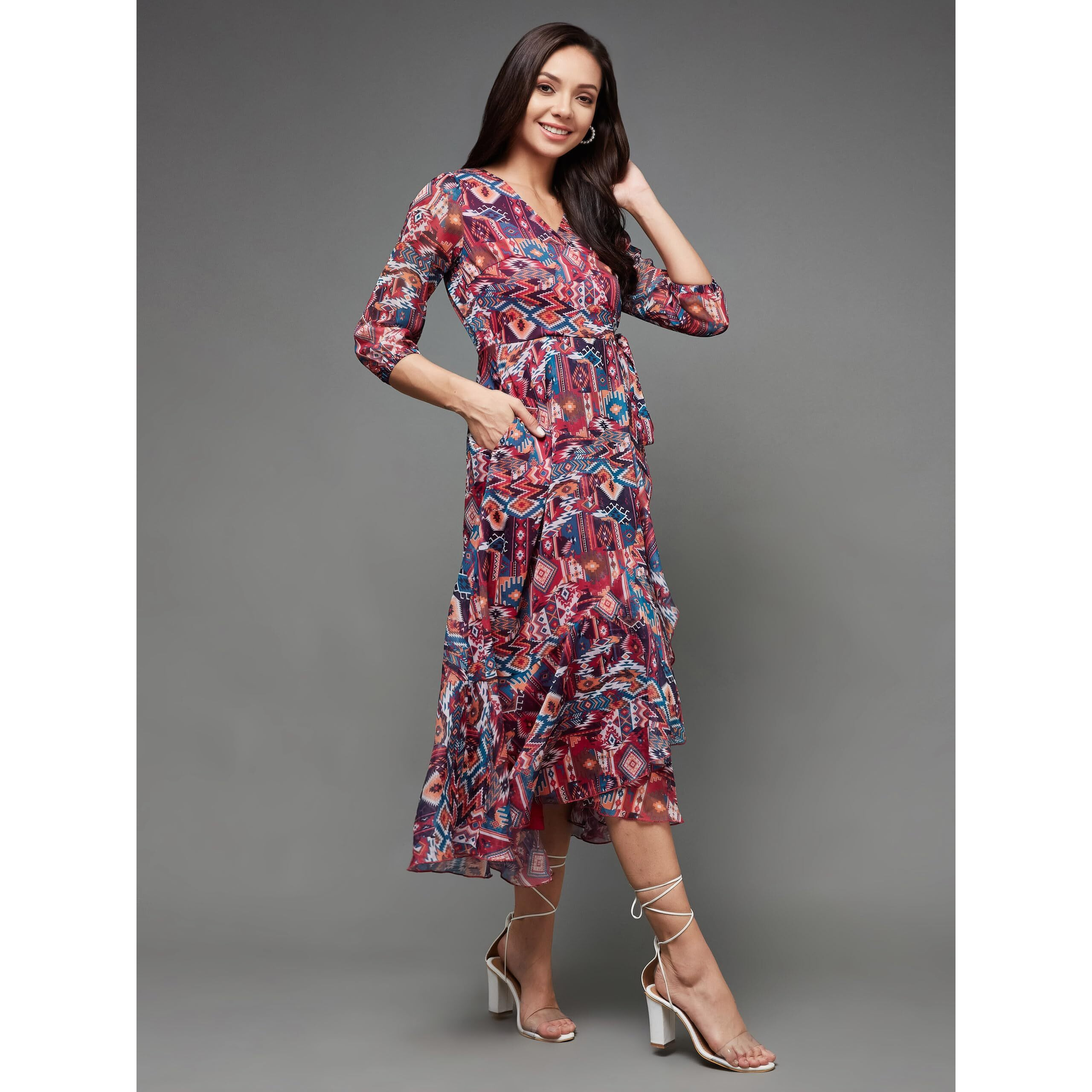 Miss Chase Women's V-Neck Three-Quarter Sleeve Geometric Patterned Wrap Midi Chiffon Dress (Mcss23D98-56-224-03, Multicoloured, S)