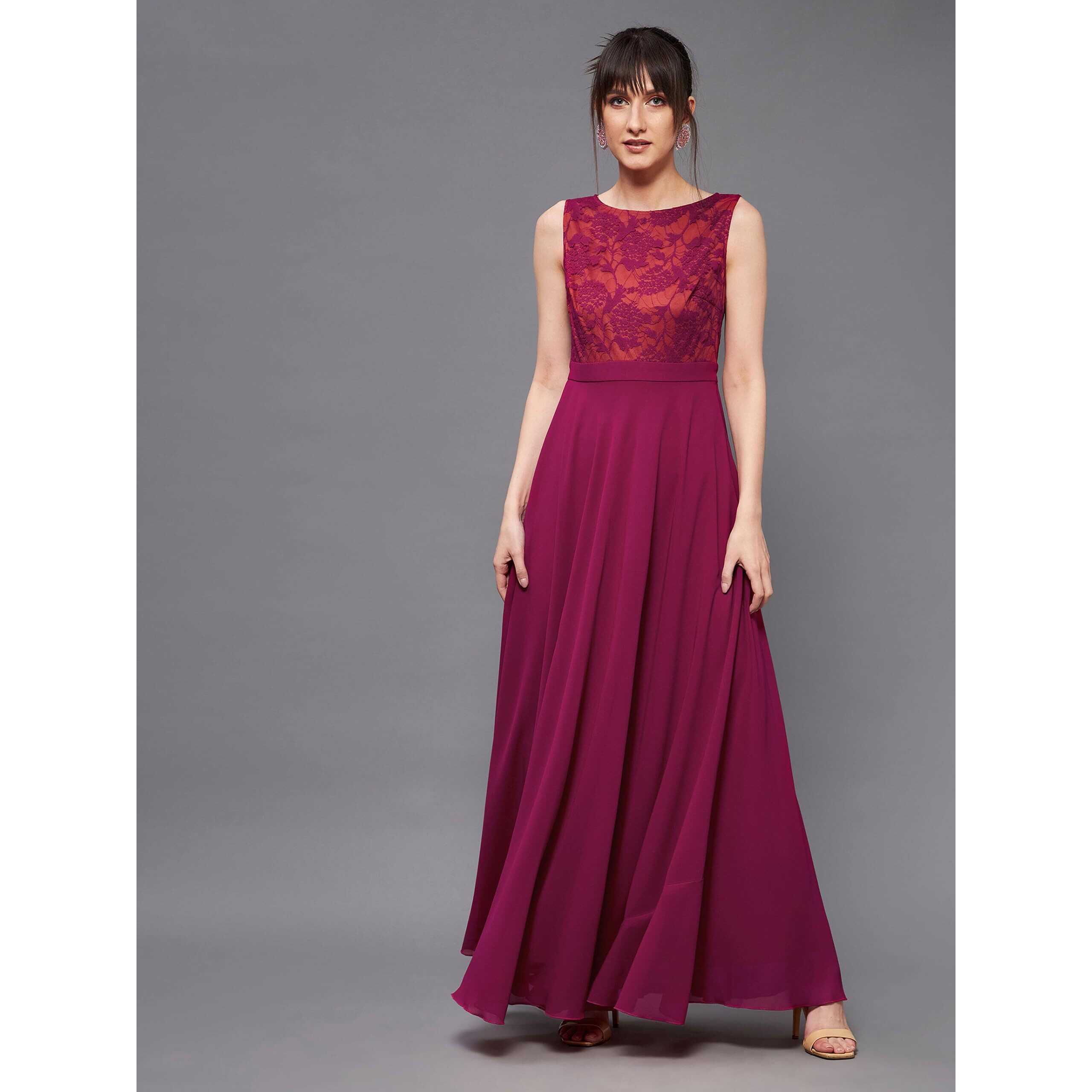 Miss Chase Women's Round Neck Sleeveless Georgette Floral Lace Fit & Flare Maxi Dress