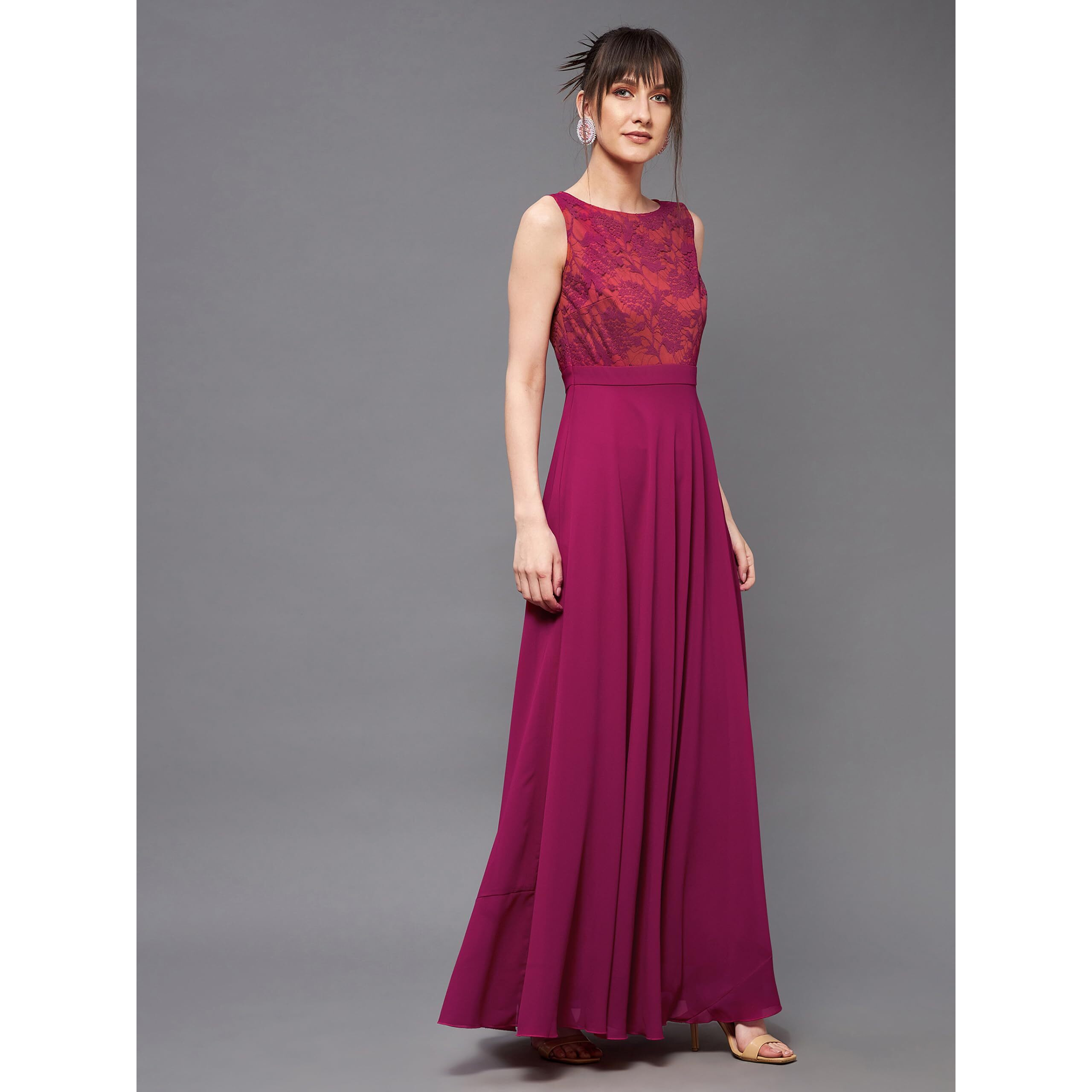 Miss Chase Women's Round Neck Sleeveless Georgette Floral Lace Fit & Flare Maxi Dress