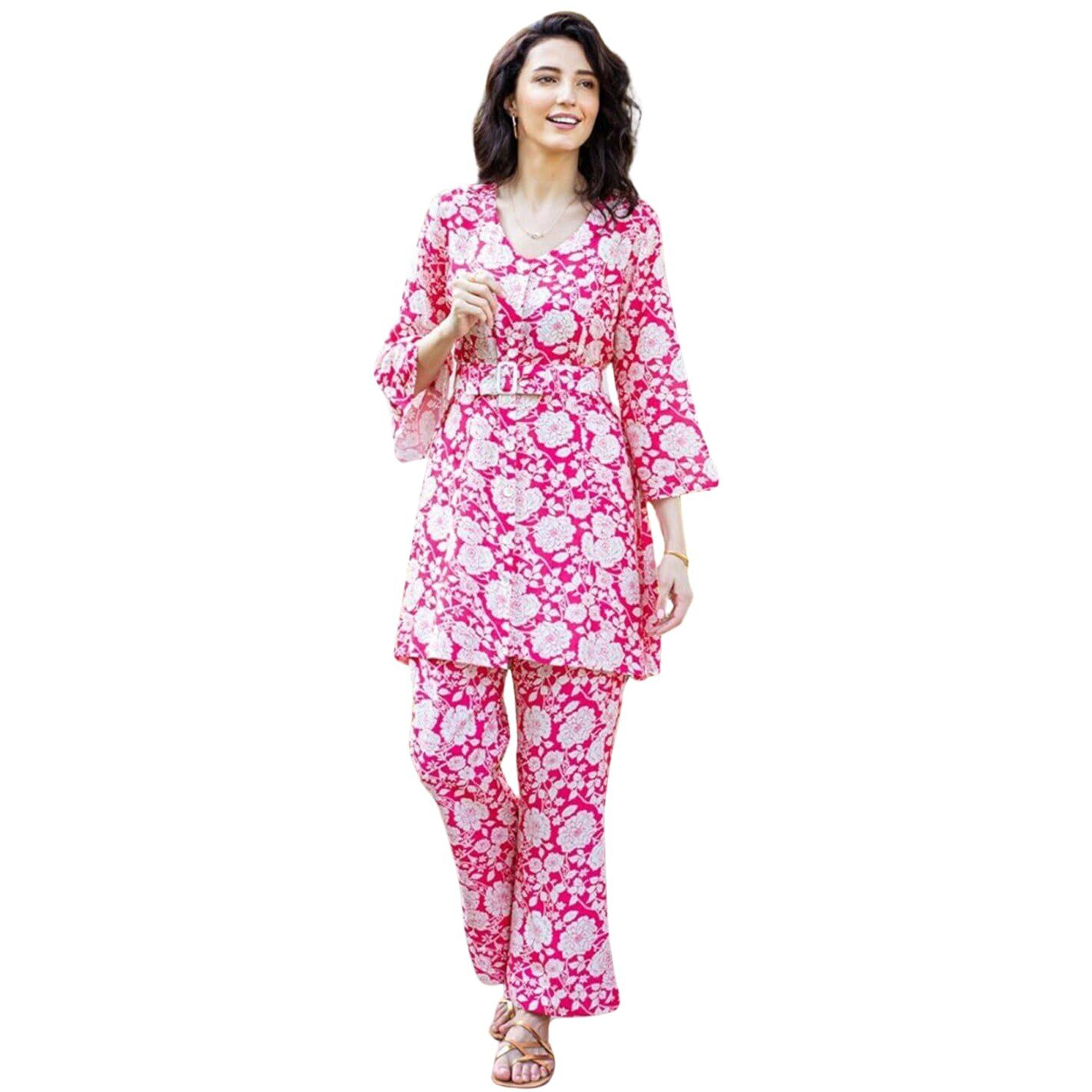 Nainvish Women's Cotton Blend Printed Straight U-Neck Co-Ord Set (Sd659_Kb-L_Pink & White)