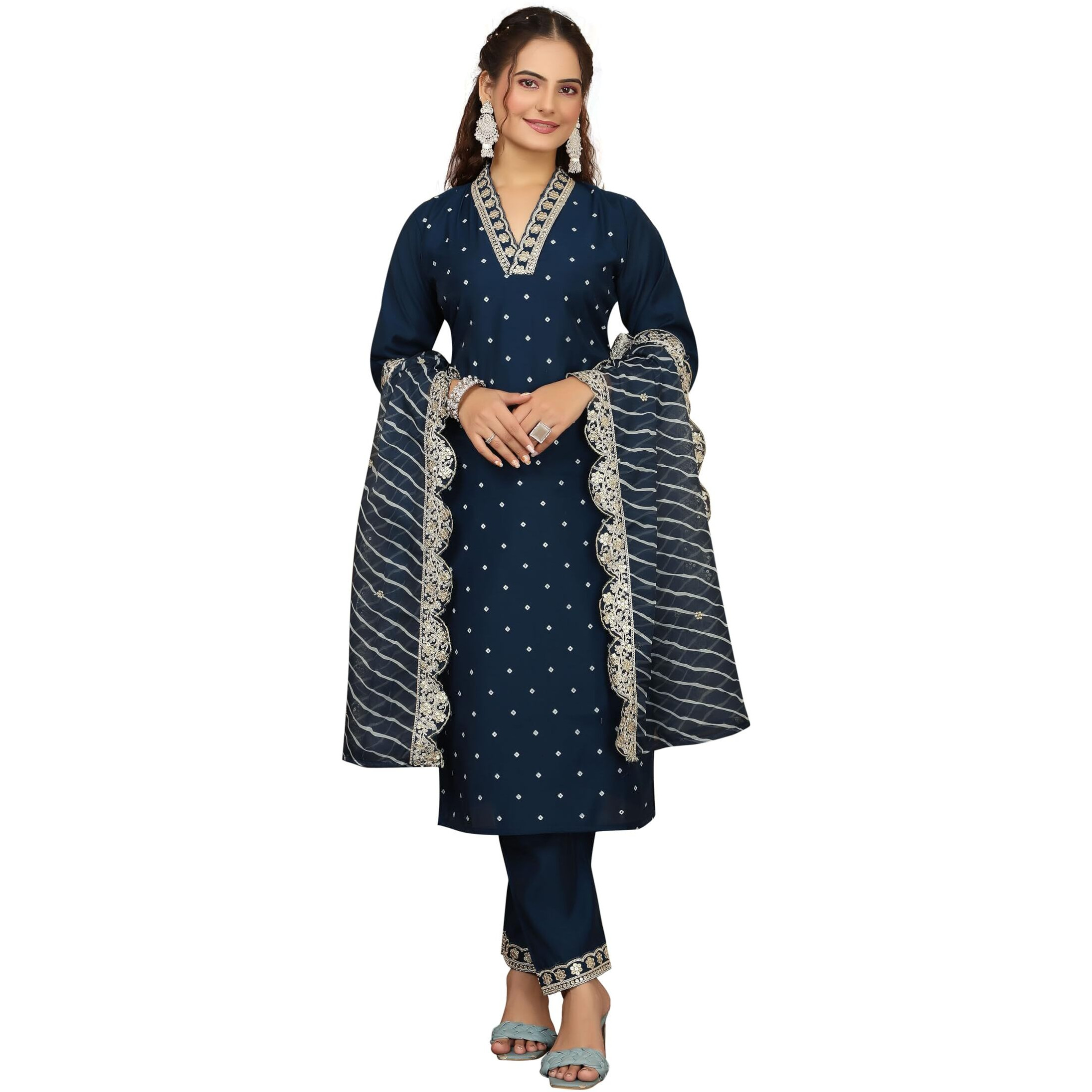 Lookmark Women's Silk Blend Table Print Kurta Pant Set With Mal Cotton Digital Print Dupatta And Embroidery Work Suitable For Every Indian Occasion (Az-Lm-Og-Ks2178 Blue-M)