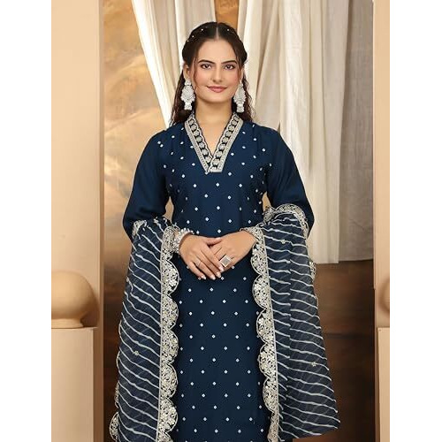 Lookmark Women's Silk Blend Table Print Kurta Pant Set With Mal Cotton Digital Print Dupatta And Embroidery Work Suitable For Every Indian Occasion (Az-Lm-Og-Ks2178 Blue-M)