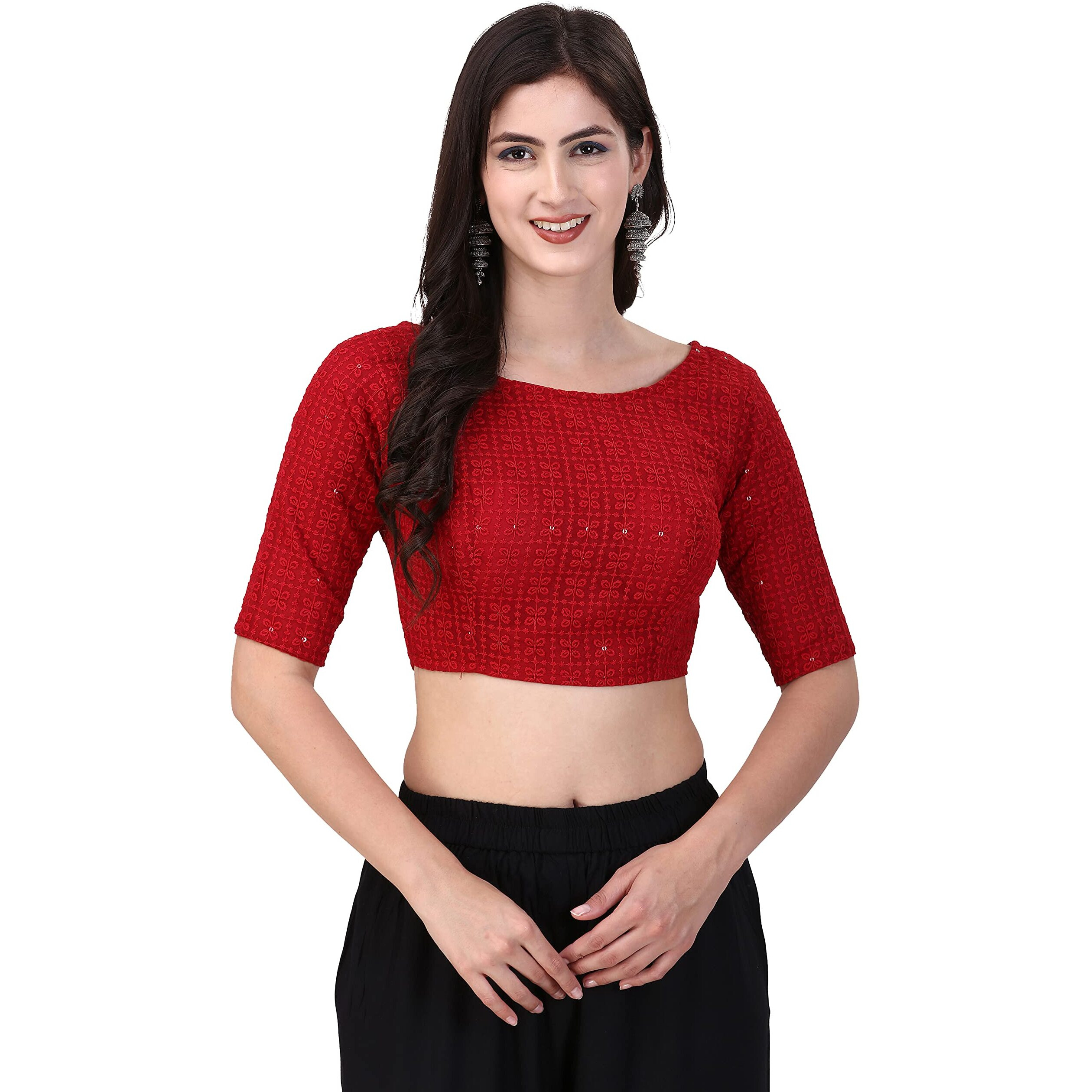 Oomph Traditional Cotton Schiffli Fabric Blouse For Women |Elbow Length Sleeves | Wedding & Festival Wear | Comfortable & Trendy Ethnic Wear | Readymade Blouse For Saree & Lehenga