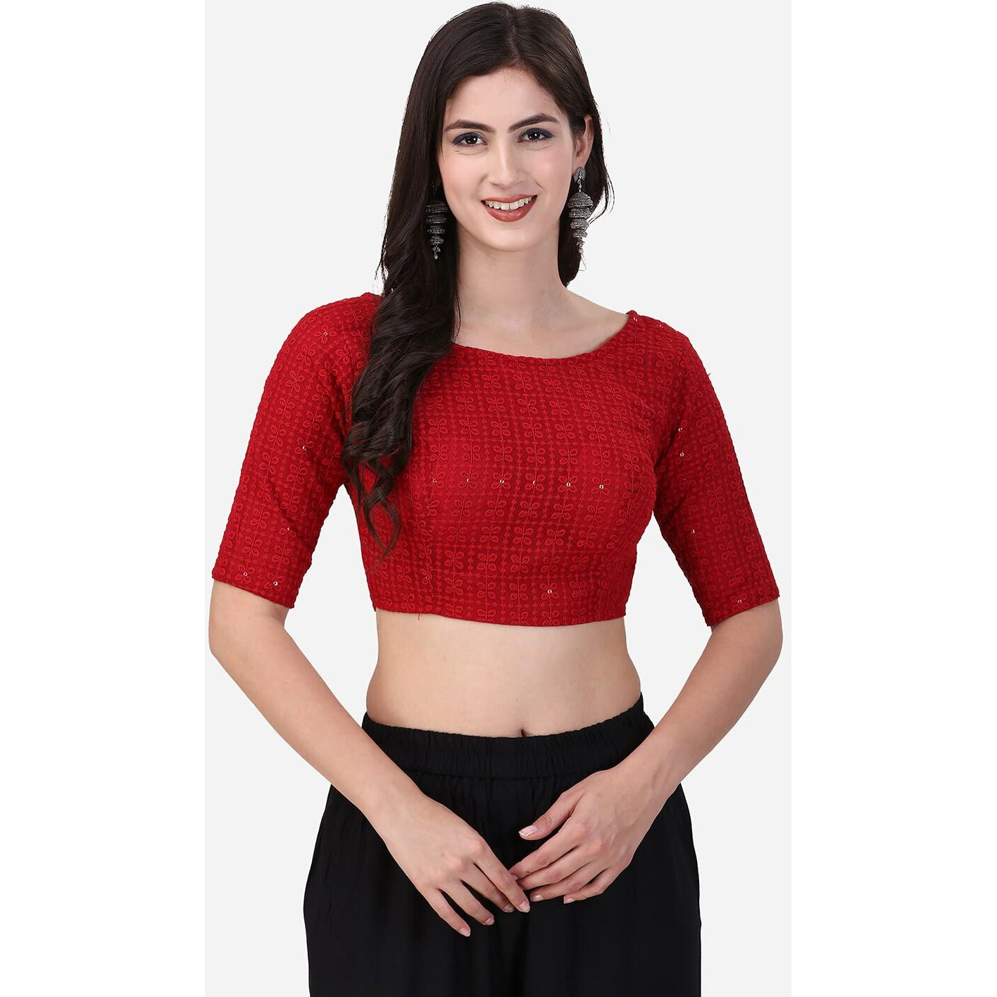 Oomph Traditional Cotton Schiffli Fabric Blouse For Women |Elbow Length Sleeves | Wedding & Festival Wear | Comfortable & Trendy Ethnic Wear | Readymade Blouse For Saree & Lehenga